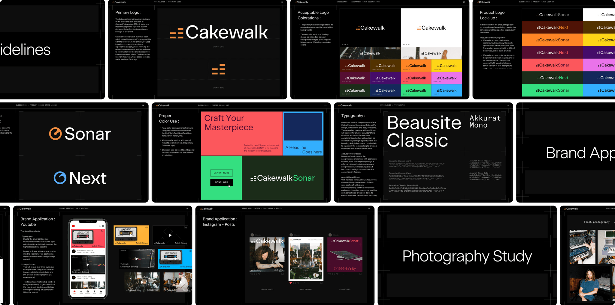 Cakewalk brand guideline boards on a dark grid
