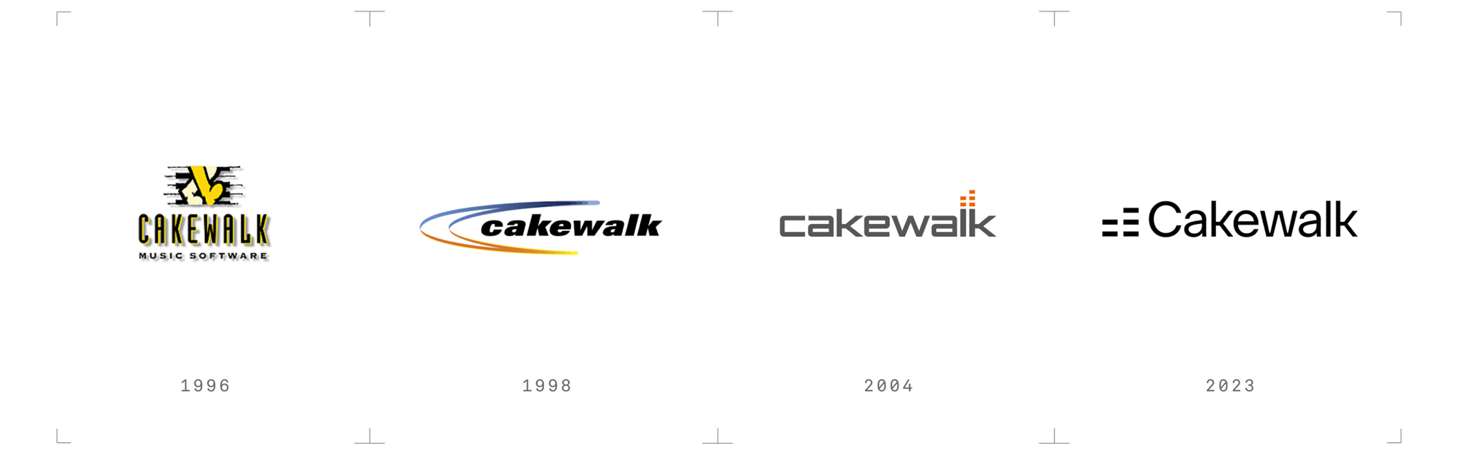 Cakewalk logo evolution timeline from 1996 to 2023
