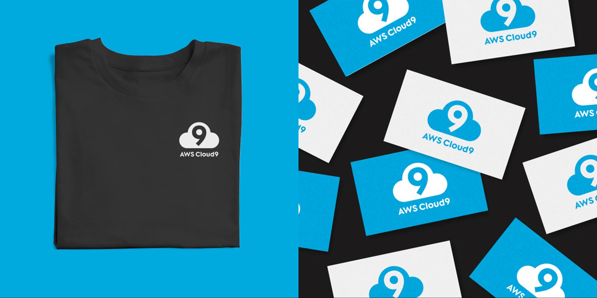 Black AWS Cloud9 T-shirt next to scattered AWS Cloud9 cards