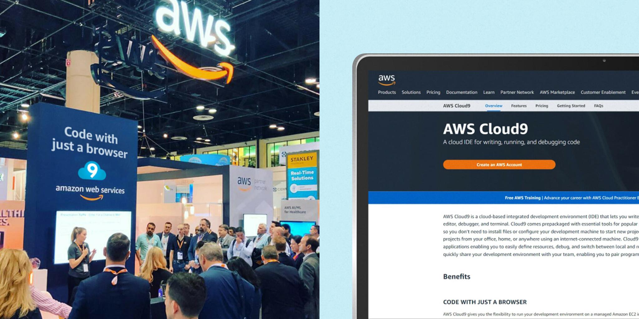 AWS conference booth next to a laptop showing the AWS Cloud9 webpage