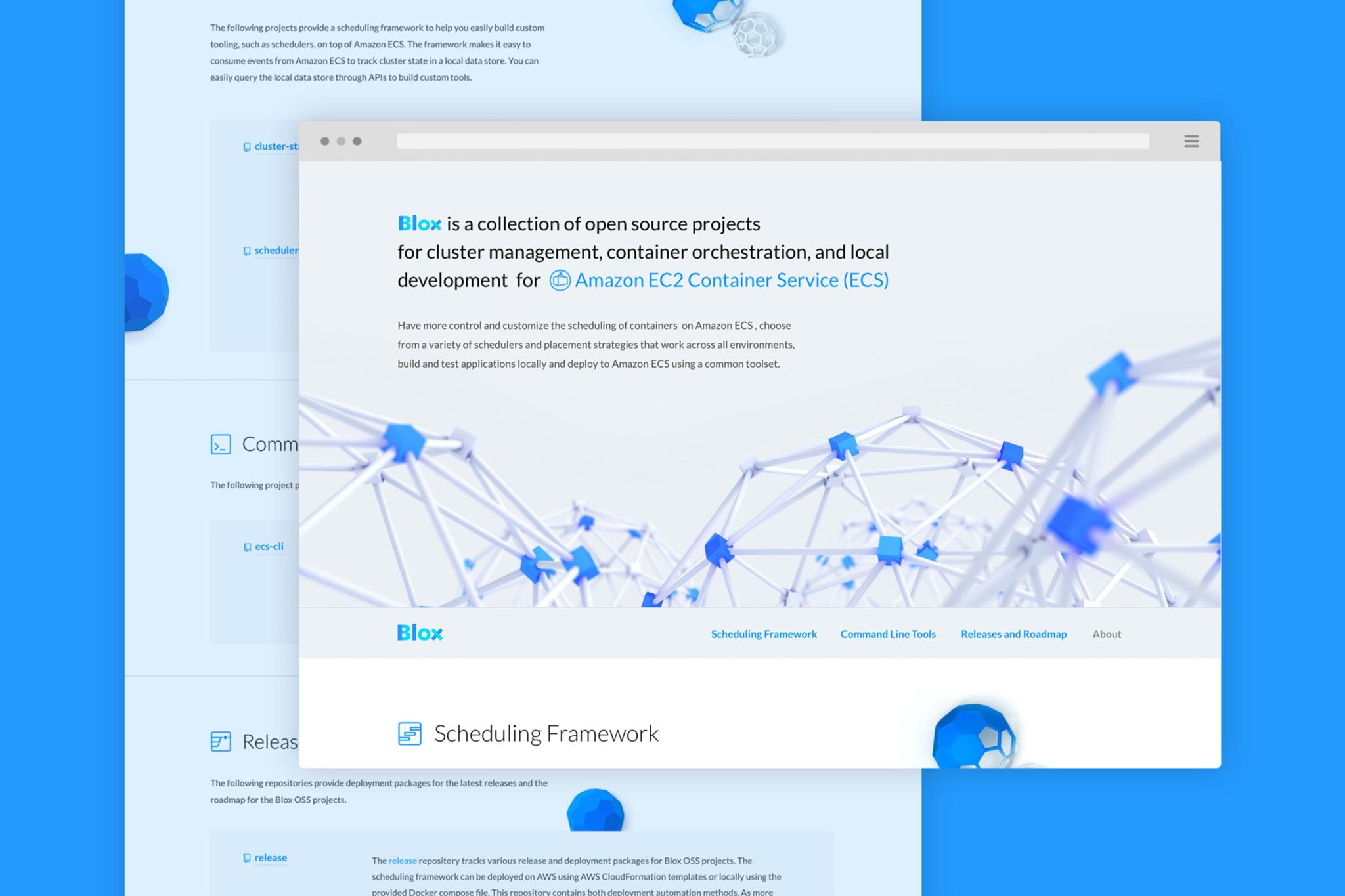 Layered browser mockups showing the Blox open source project website