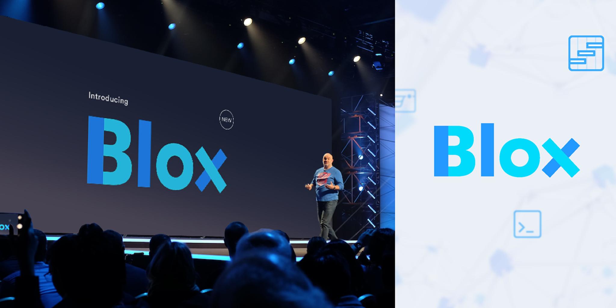 Split view of Blox conference presentation and blue Blox wordmark graphic