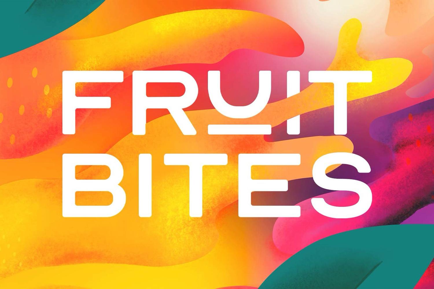 FRUIT BITES text on a colorful abstract background