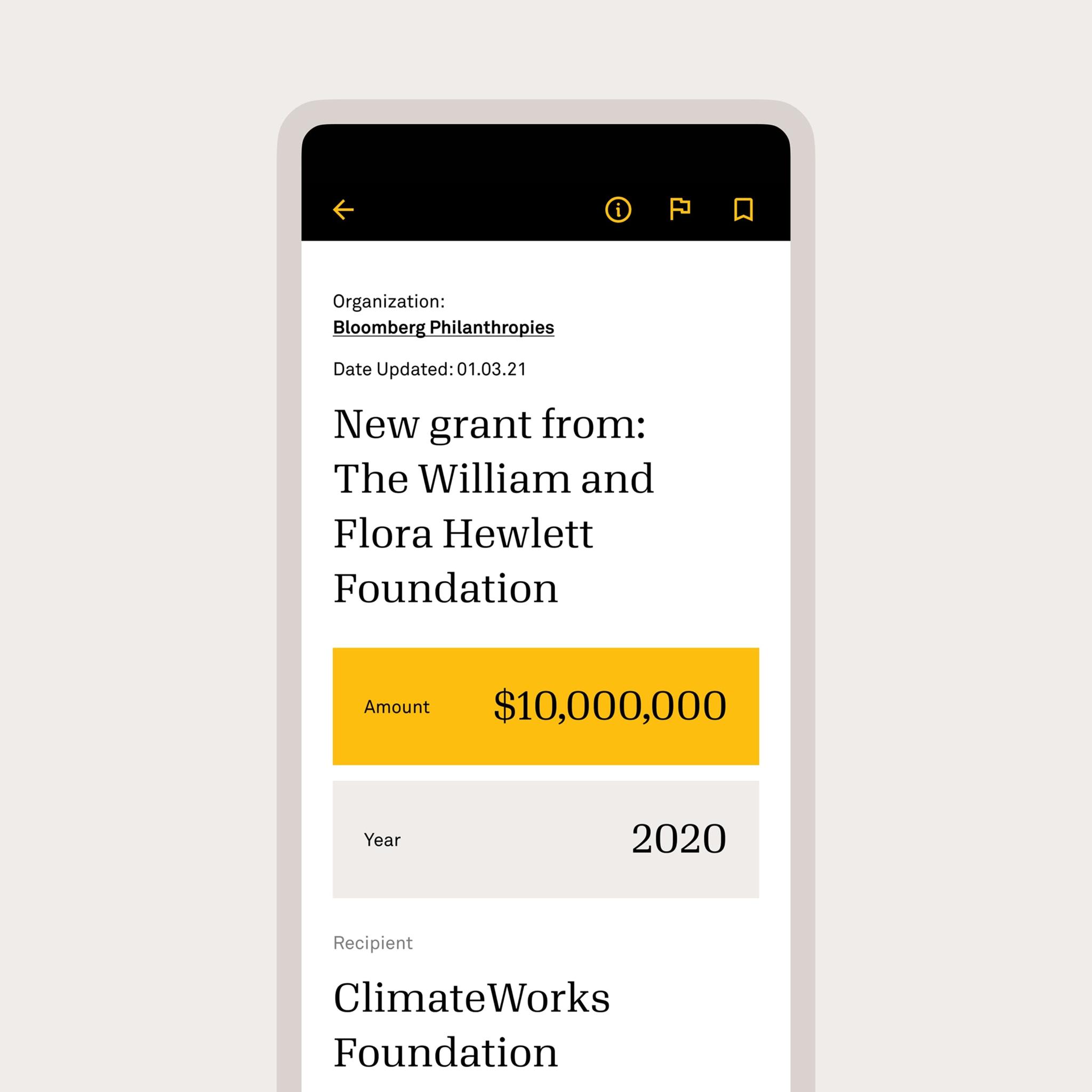 Mobile grant detail screen showing a $10,000,000 Hewlett Foundation grant