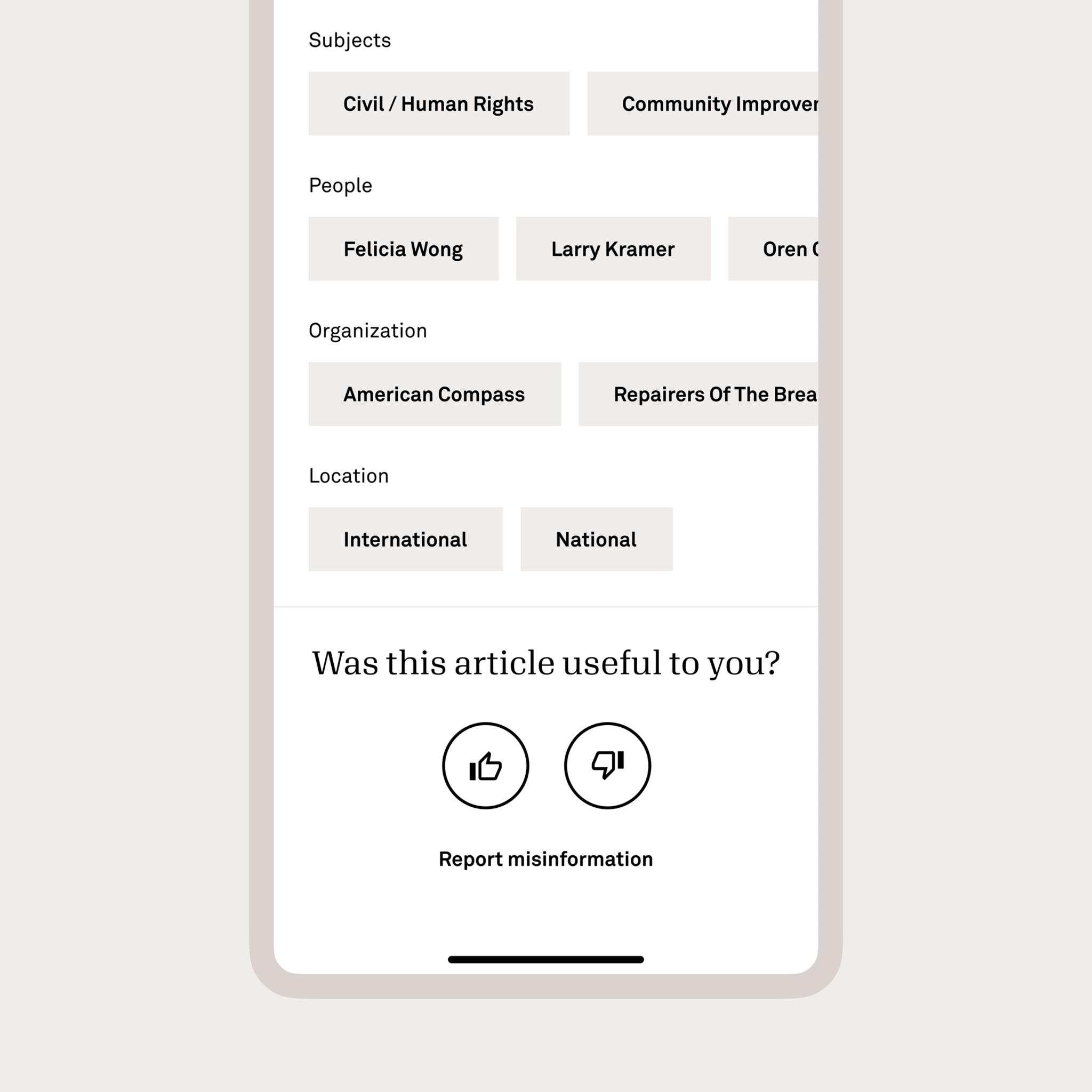 Mobile article feedback screen with tags, thumbs up and down buttons