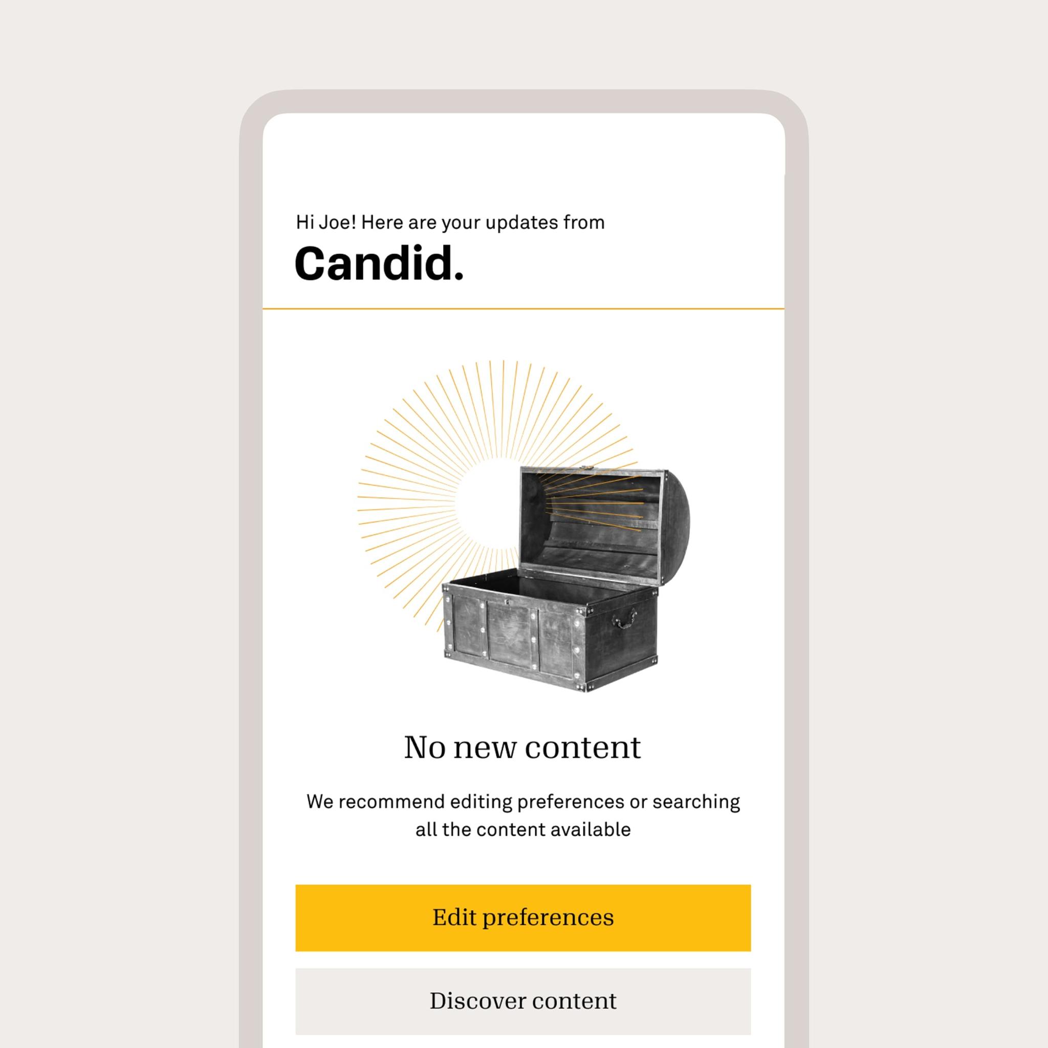 Candid mobile update screen with empty chest and action buttons