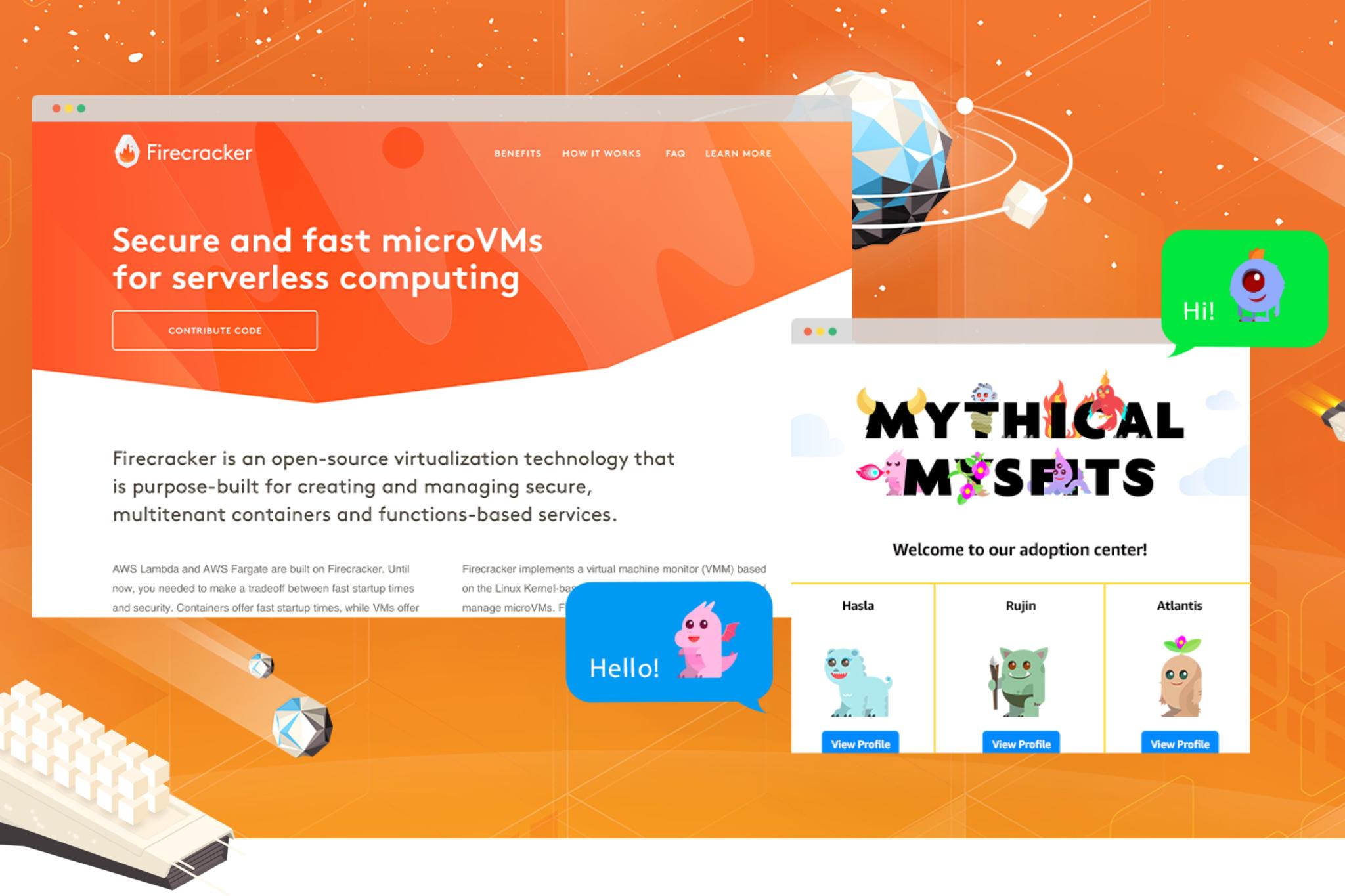 Orange layout with Firecracker website and Mythical Misfits adoption page mockups