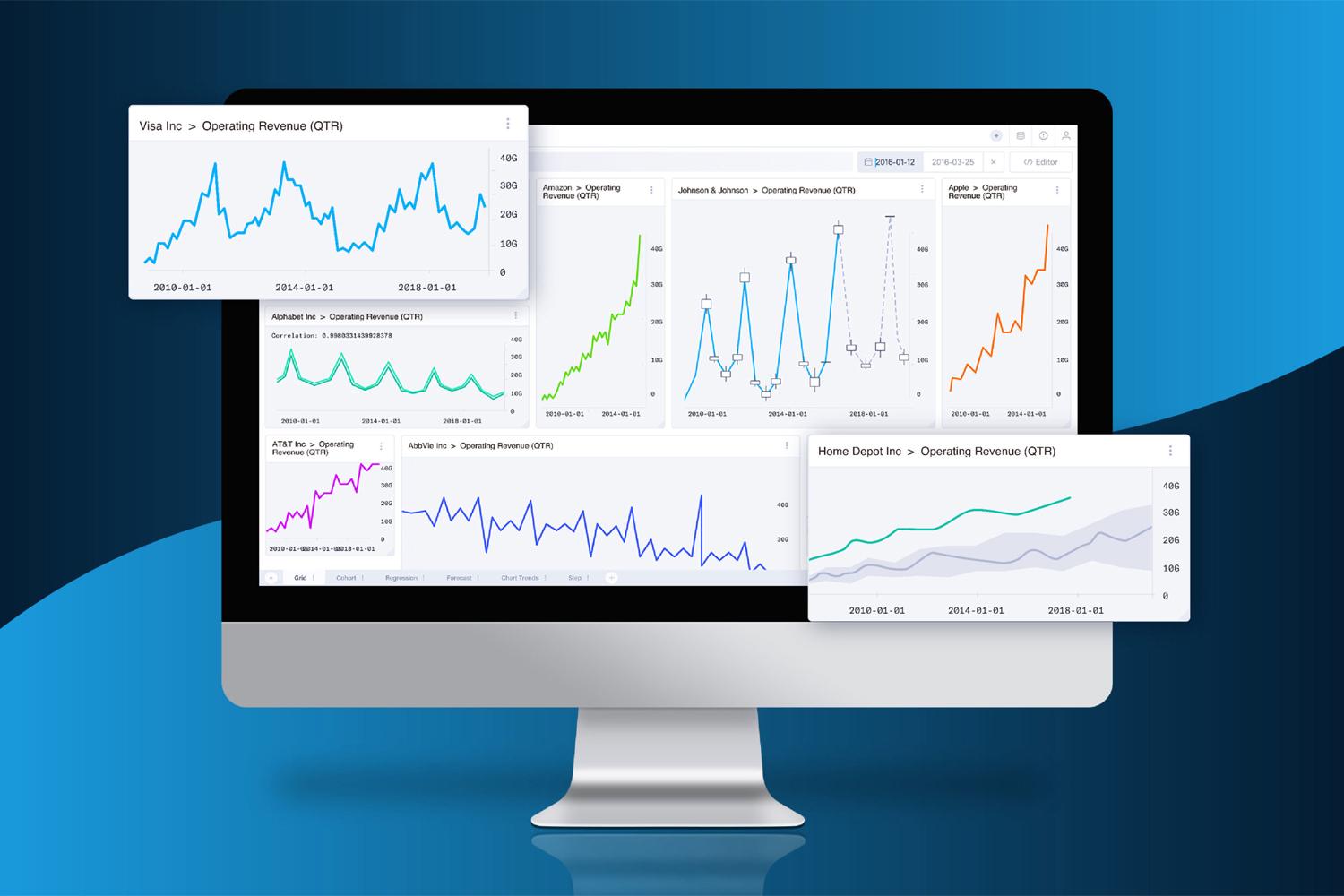 Desktop monitor with floating analytics charts on a blue background