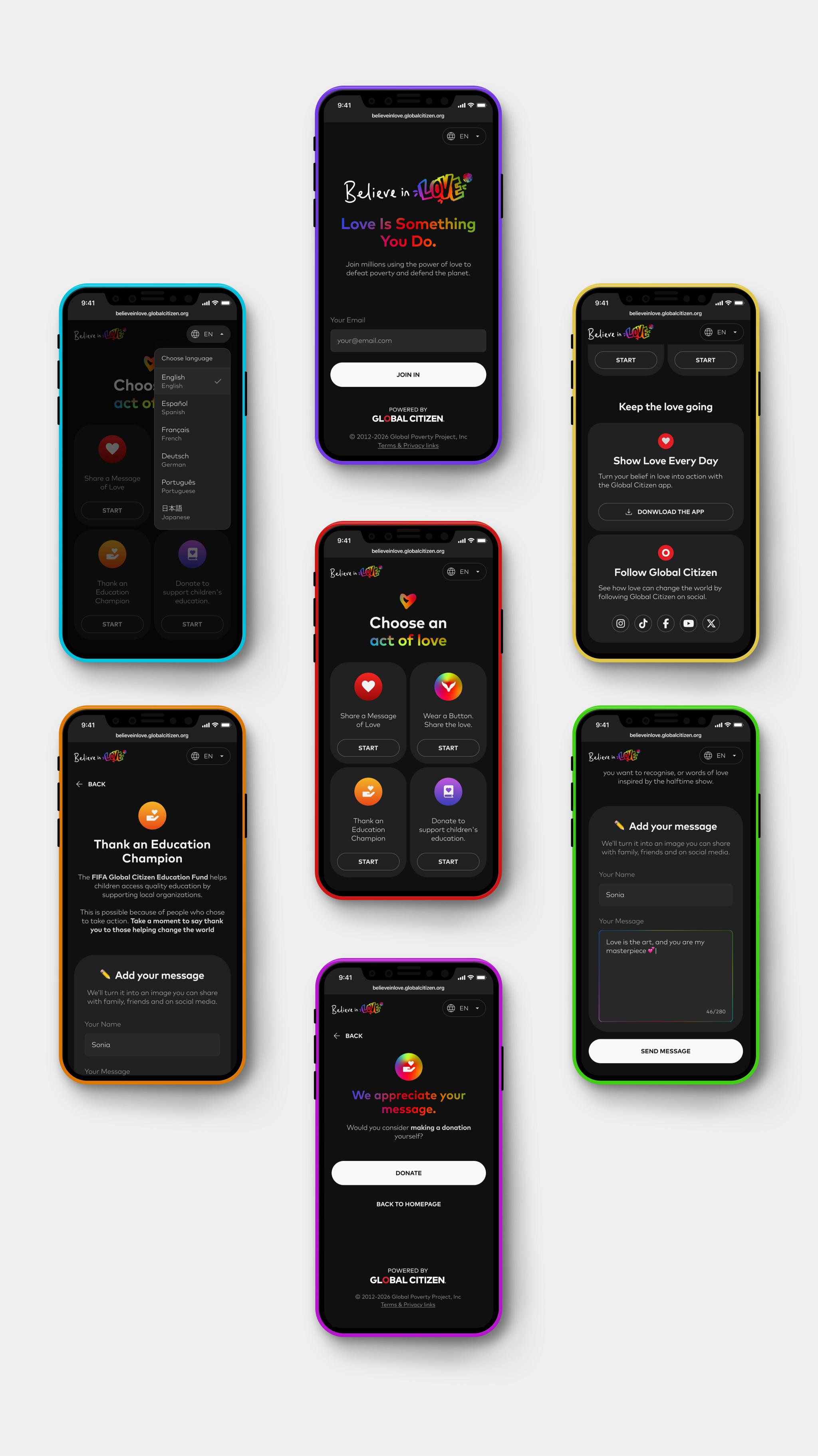 Set of mobile app screens for the Believe in Love campaign.