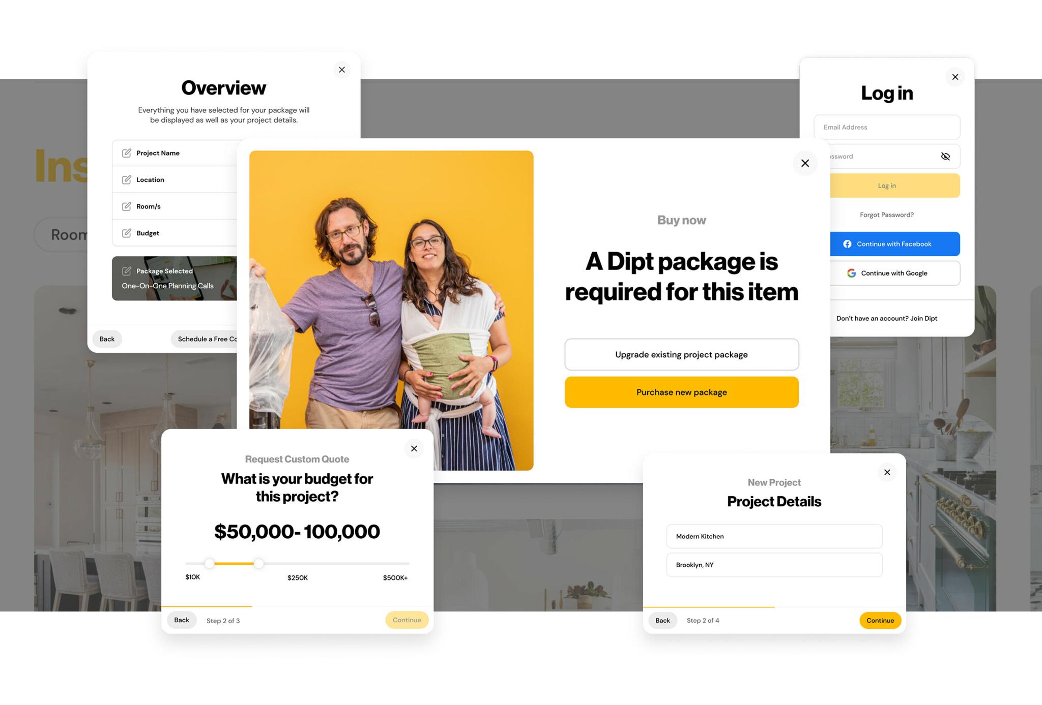 Dipt pop-up modals layered over a blurred interior design interface