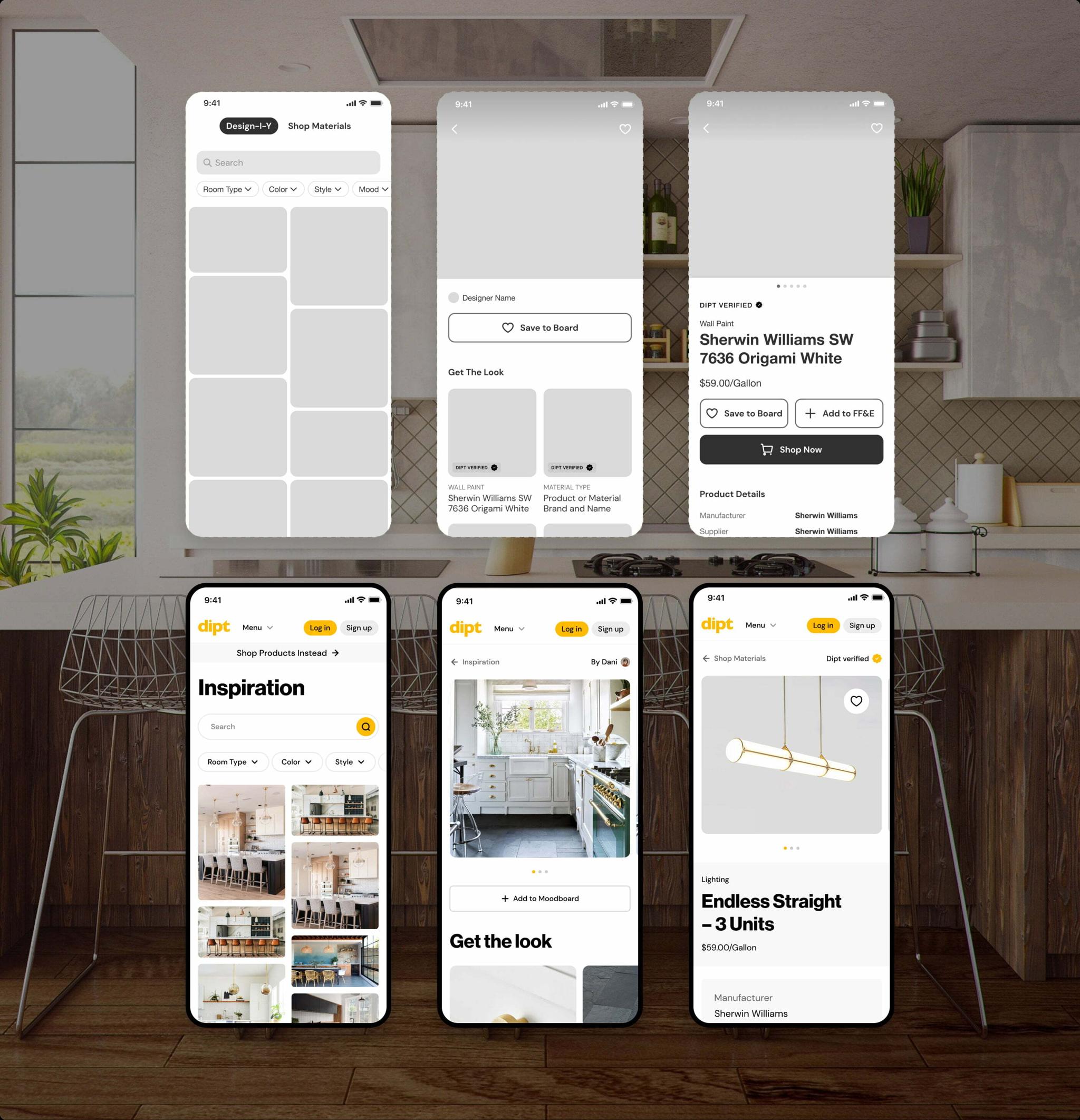 Dipt mobile app screens floating over a modern kitchen background