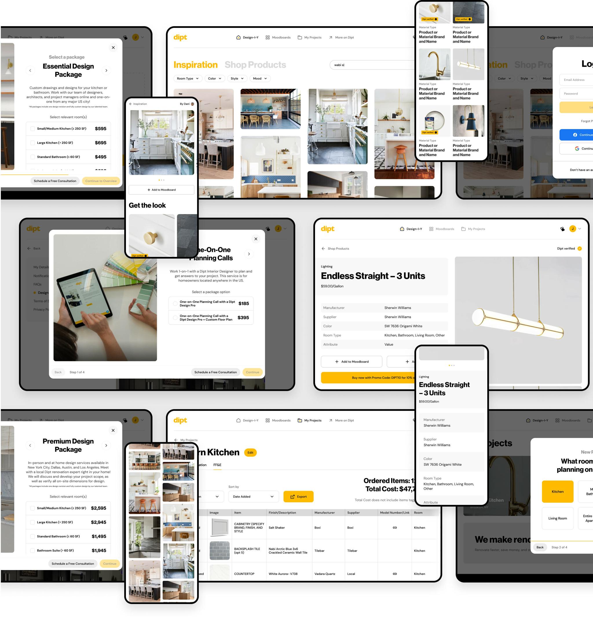 Collage of Dipt interior design app screens across desktop, tablet, and mobile