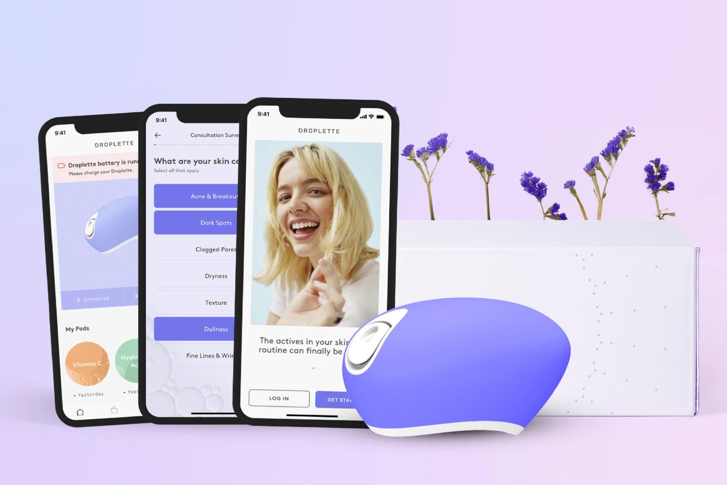 Droplette device with app screens and packaging on a lavender background