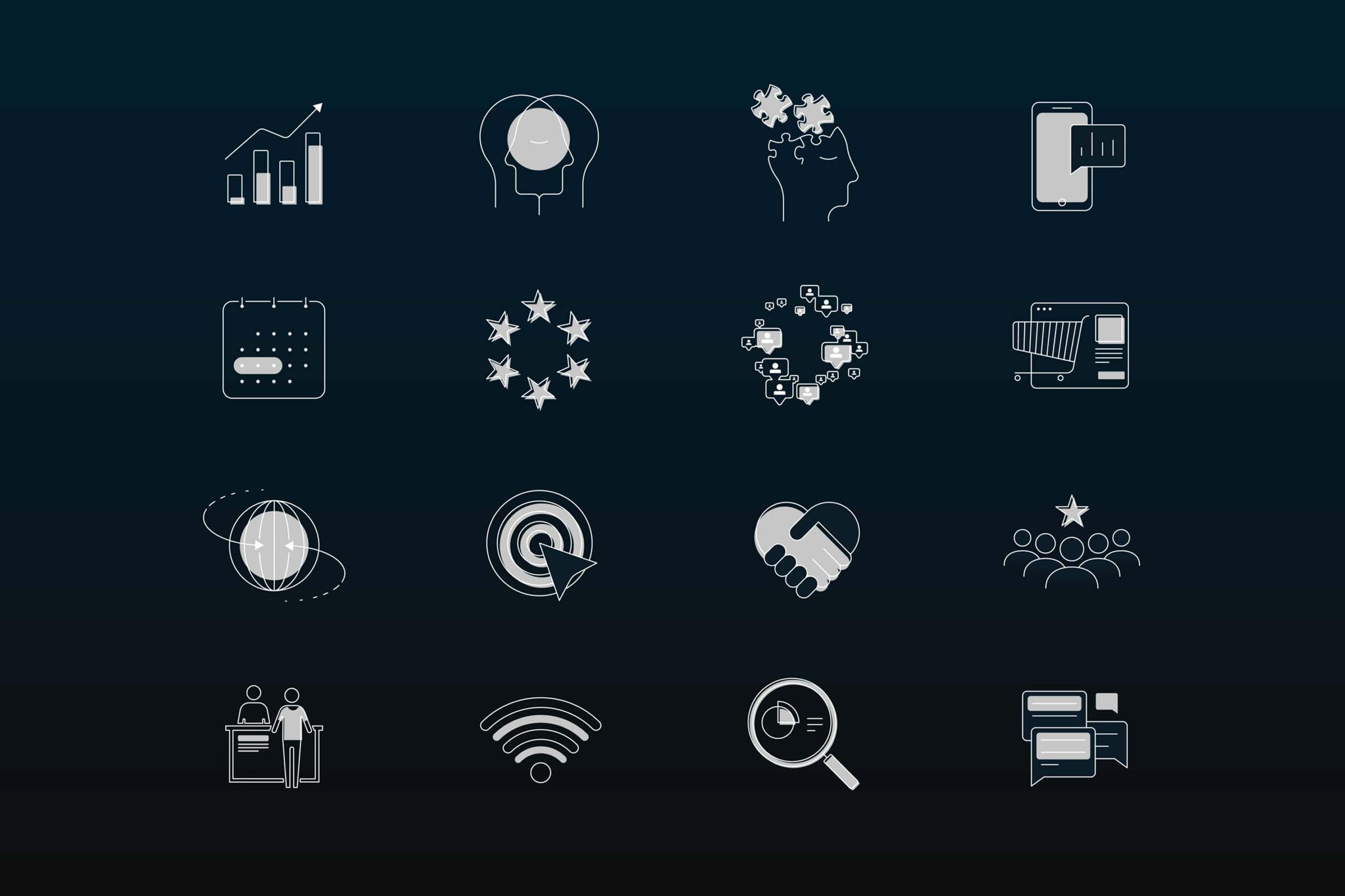 Grid of business and engagement icons on a dark background