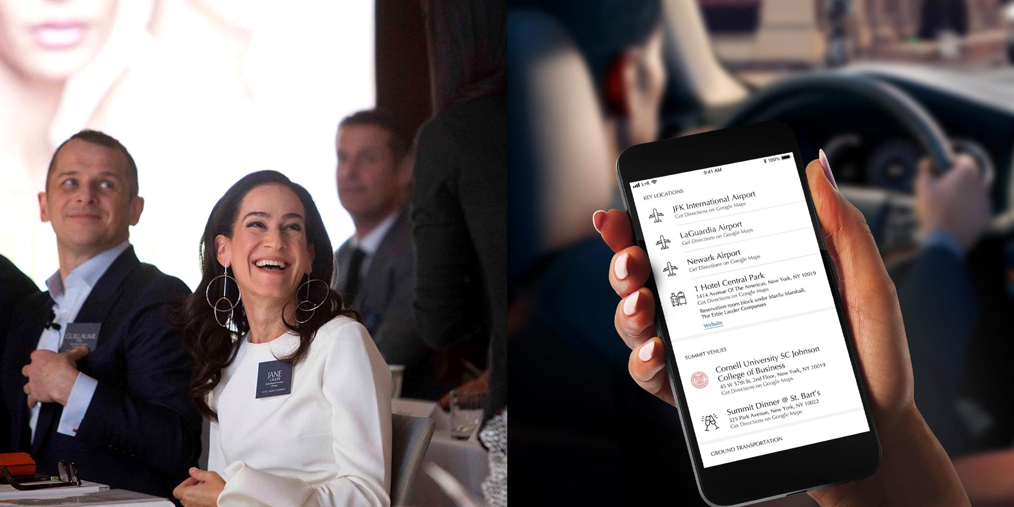 Split view of conference attendees and phone with travel and venue information