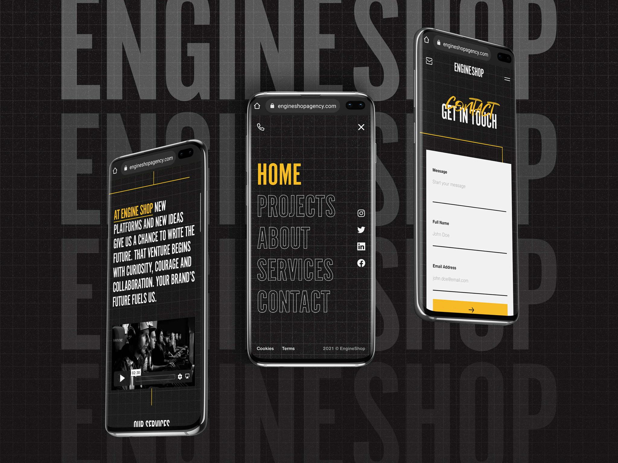 Three EngineShop mobile screens for content, navigation, and contact form