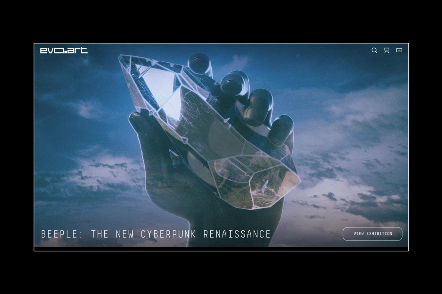 Wide EvoArt banner for Beeple: The New Cyberpunk Renaissance with a crystal in hand