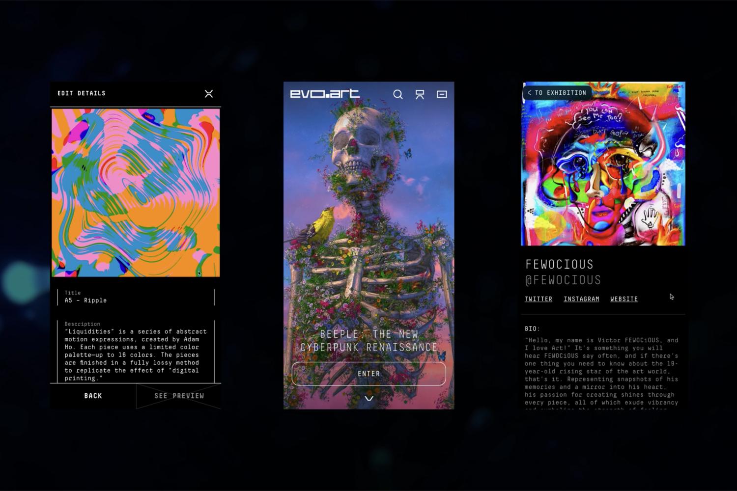 Wide view of three EvoArt exhibition panels on a dark background