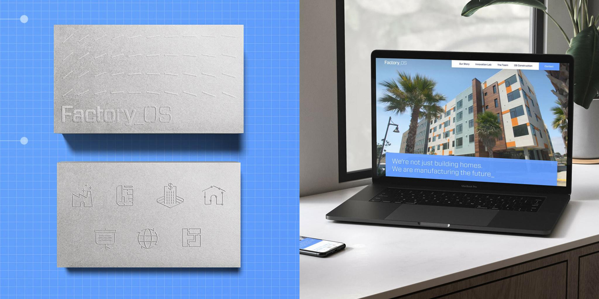 Factory OS branding cards next to laptop displaying a housing development webpage
