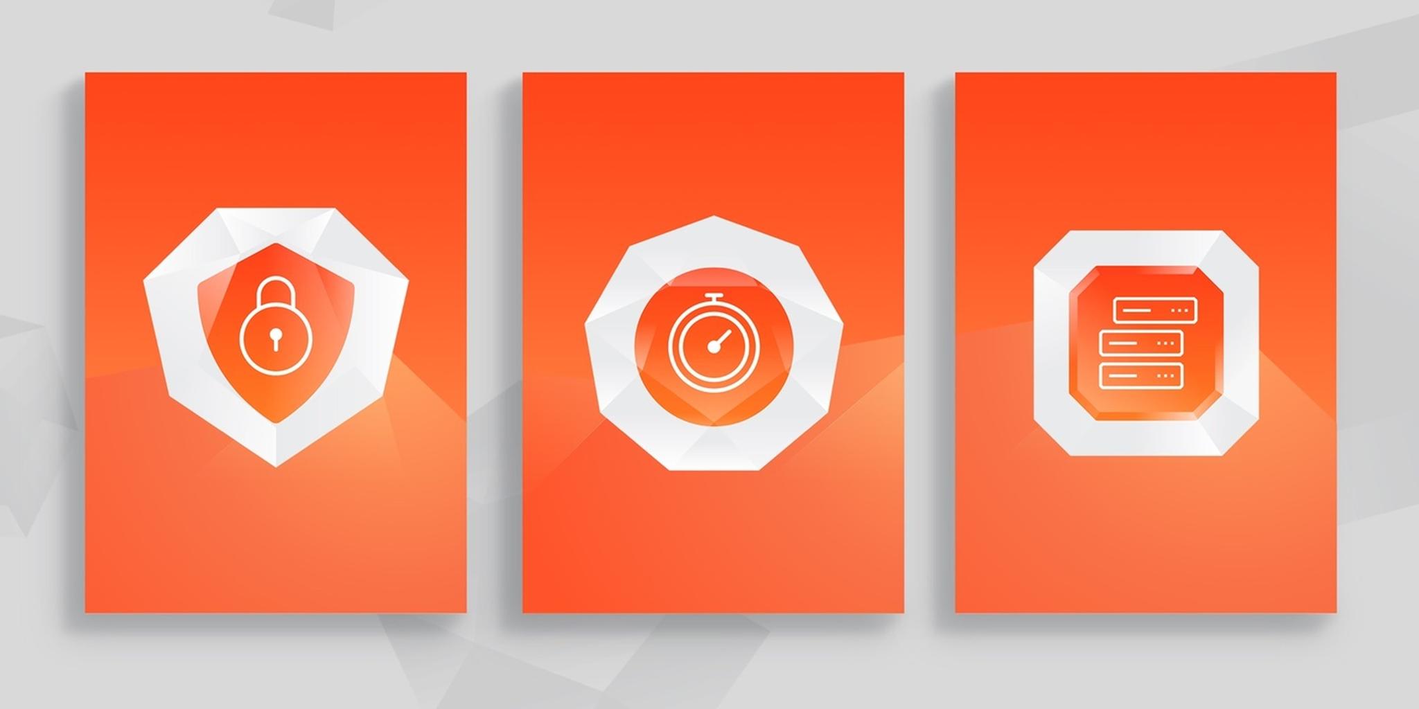 Three orange cards with lock, speedometer, and server icons