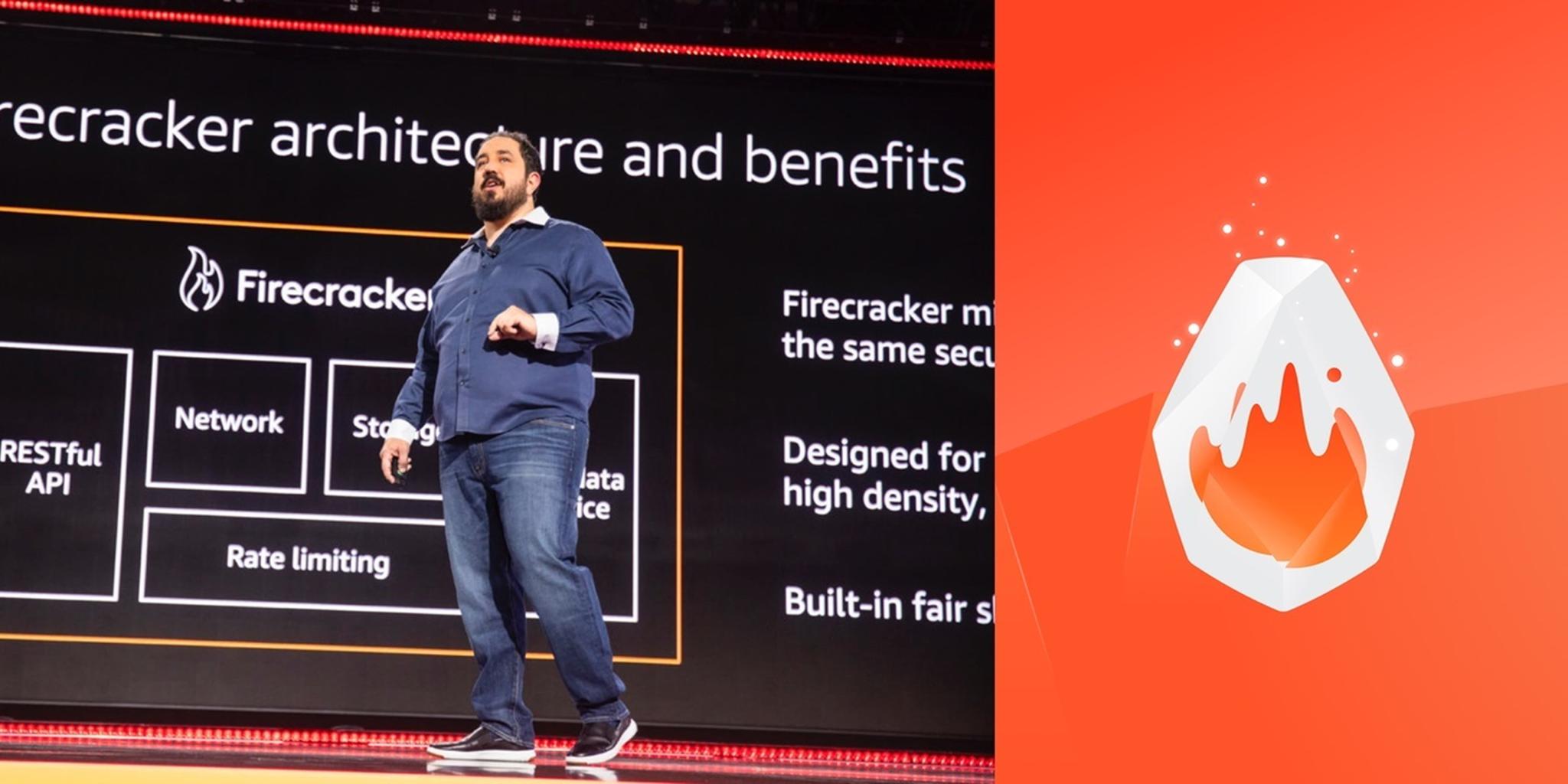 Presenter on stage beside Firecracker architecture slide and flame logo graphic