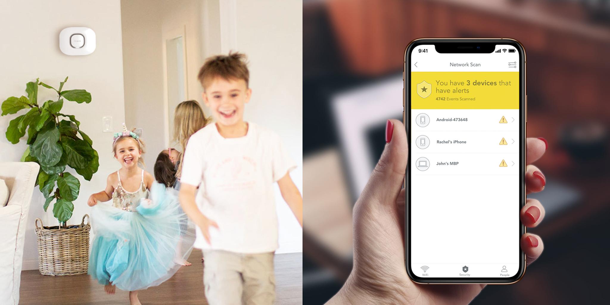 Split view of children near wall device and phone showing network scan alerts