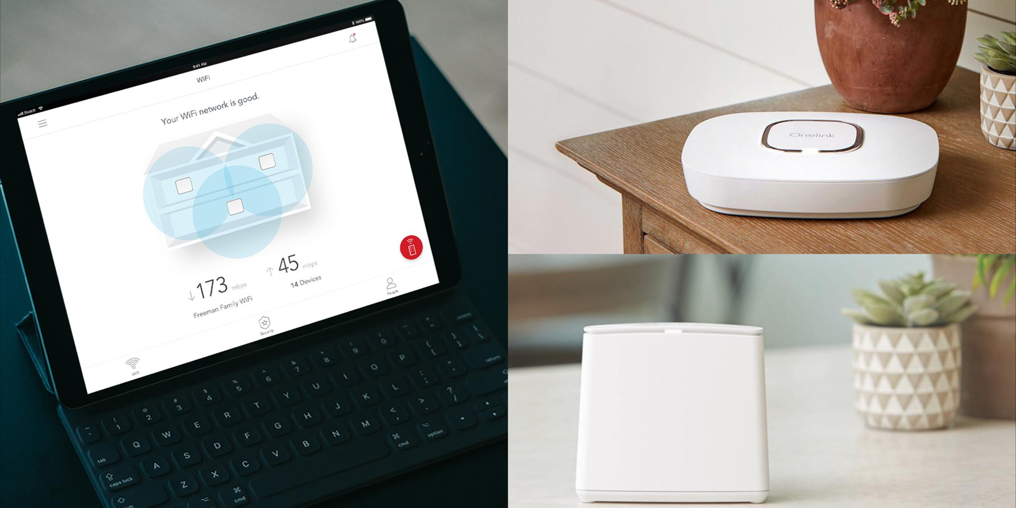 Three-panel collage of tablet Wi-Fi app and white mesh network devices