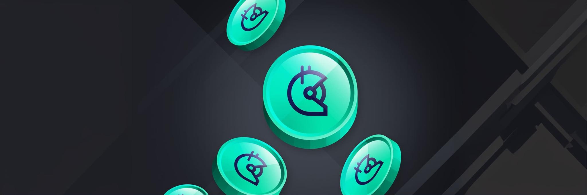 Wide banner of teal Gitcoin logo coins floating on a dark background