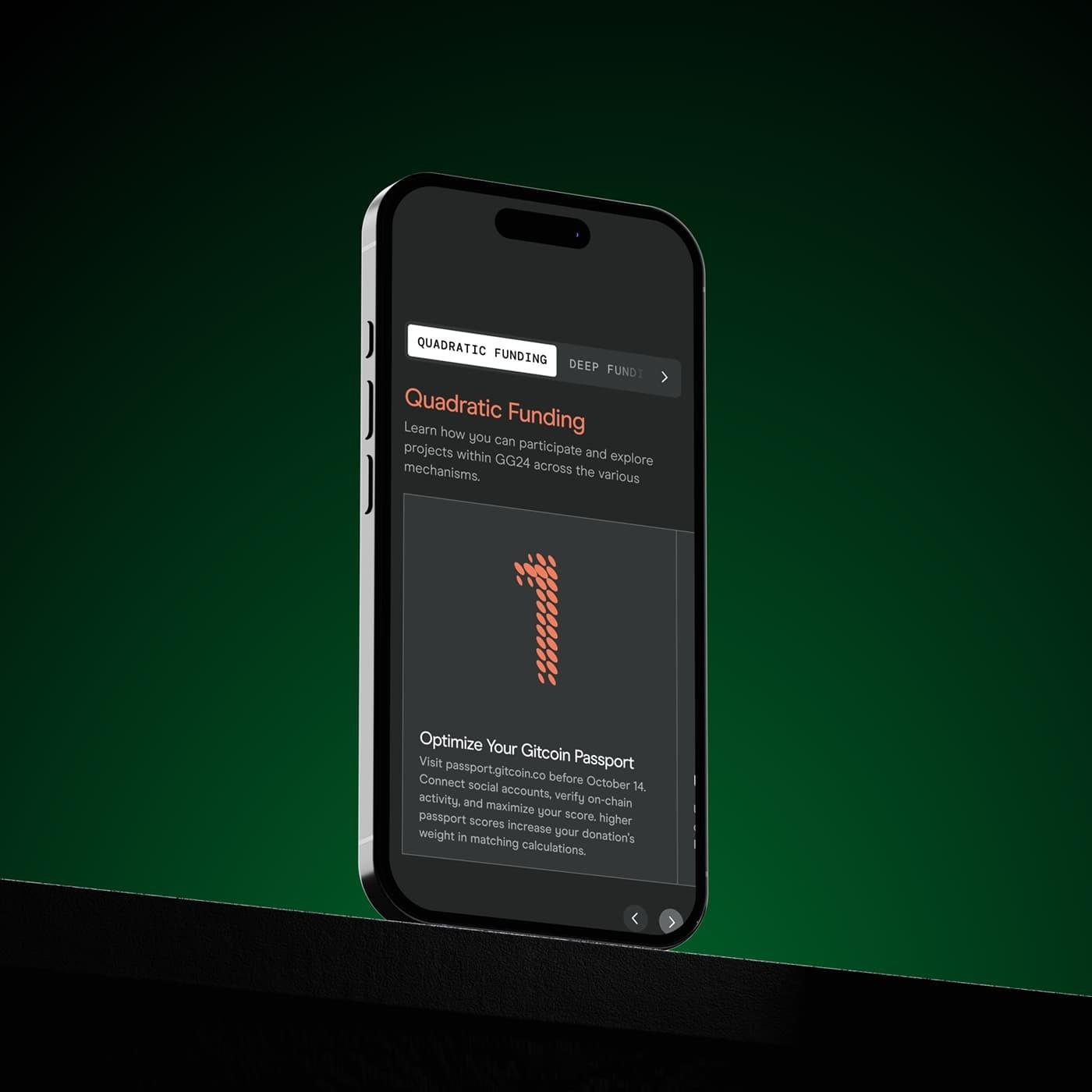 Close-up smartphone shows a Quadratic Funding page with a large orange number one.