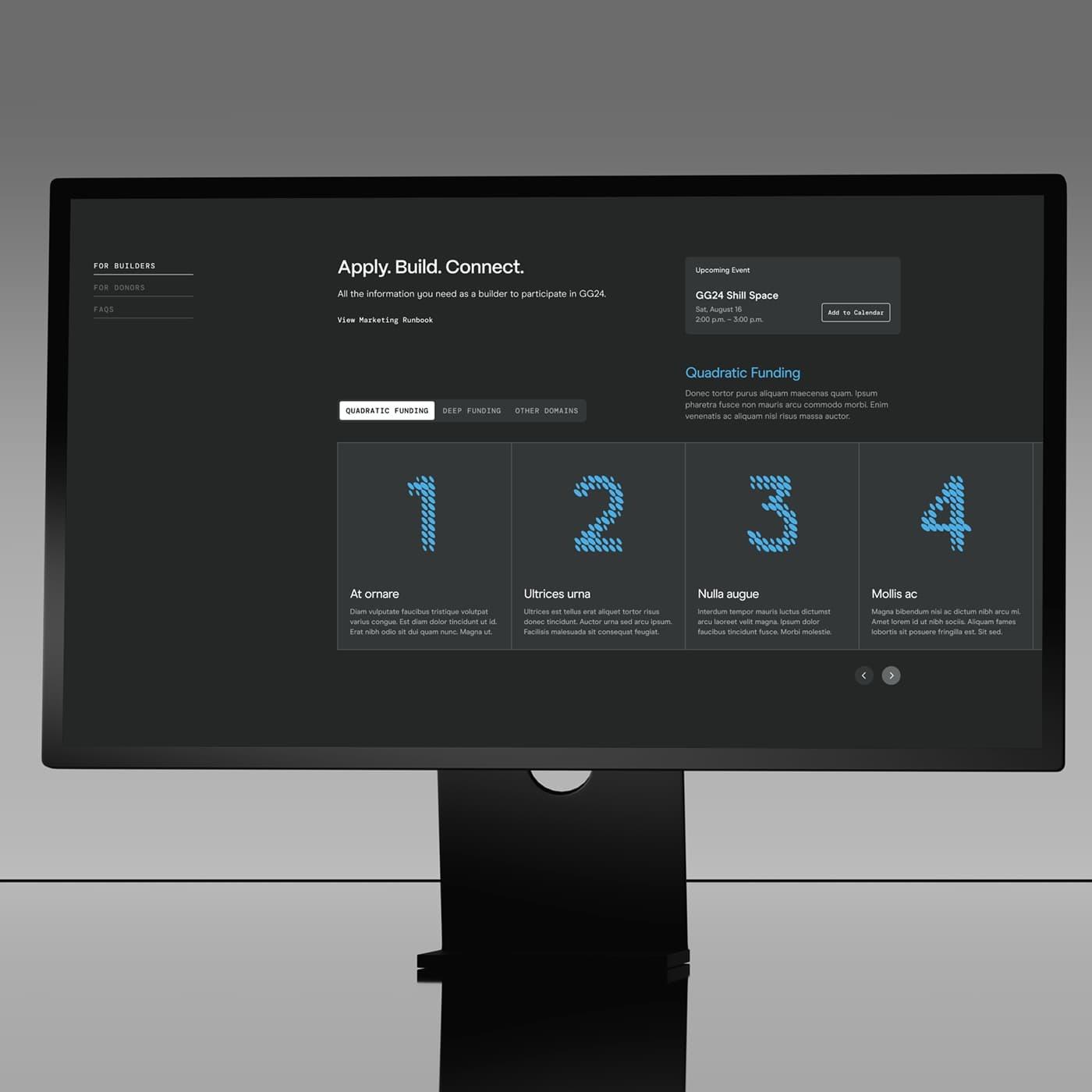 Widescreen monitor displays a Gitcoin funding interface with four numbered cards.