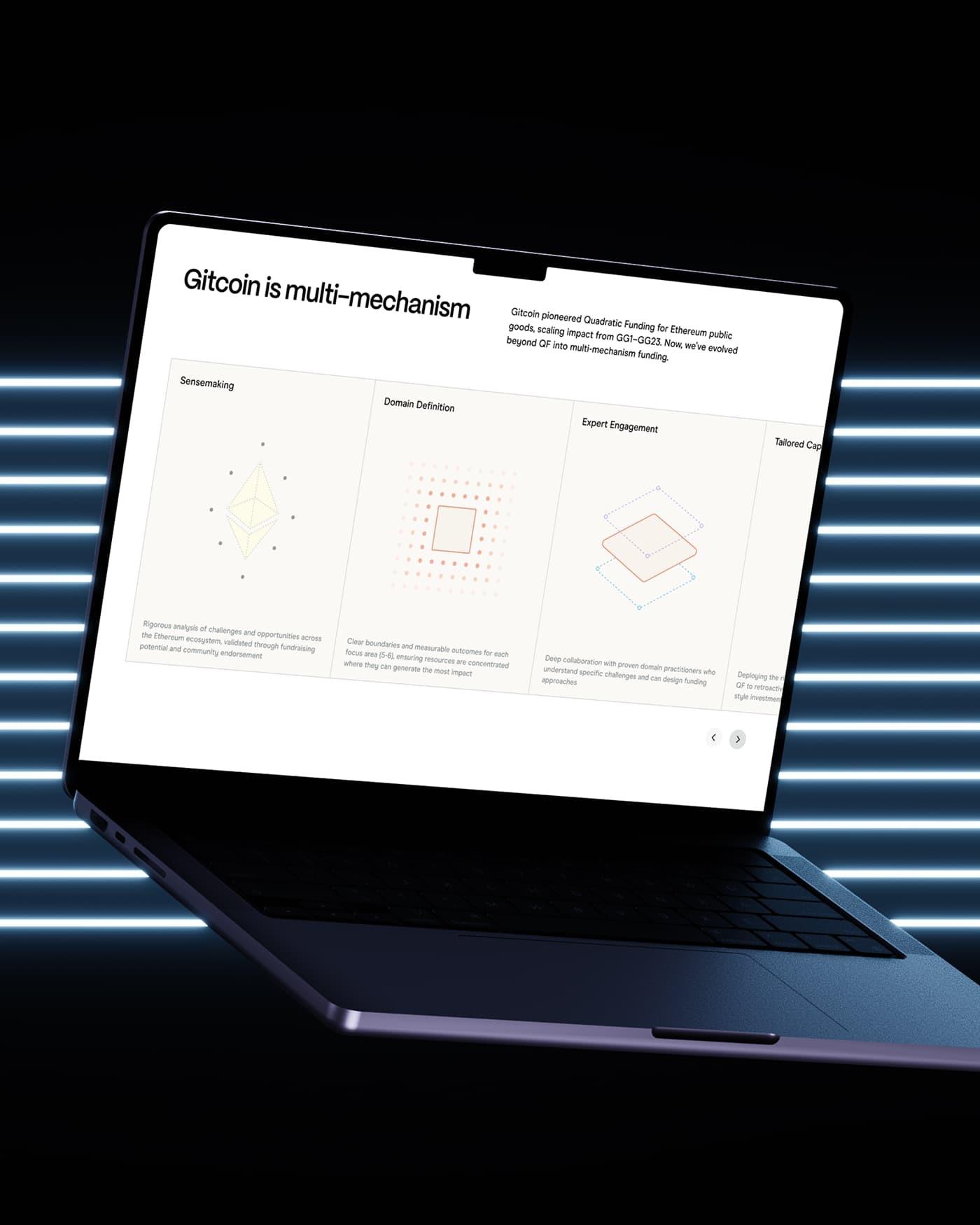 Laptop over blue light bars shows a Gitcoin multi-mechanism funding page.