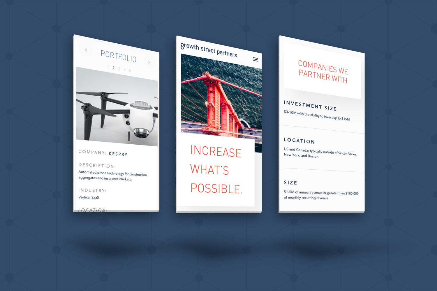Wide view of three floating Growth Street Partners website panels