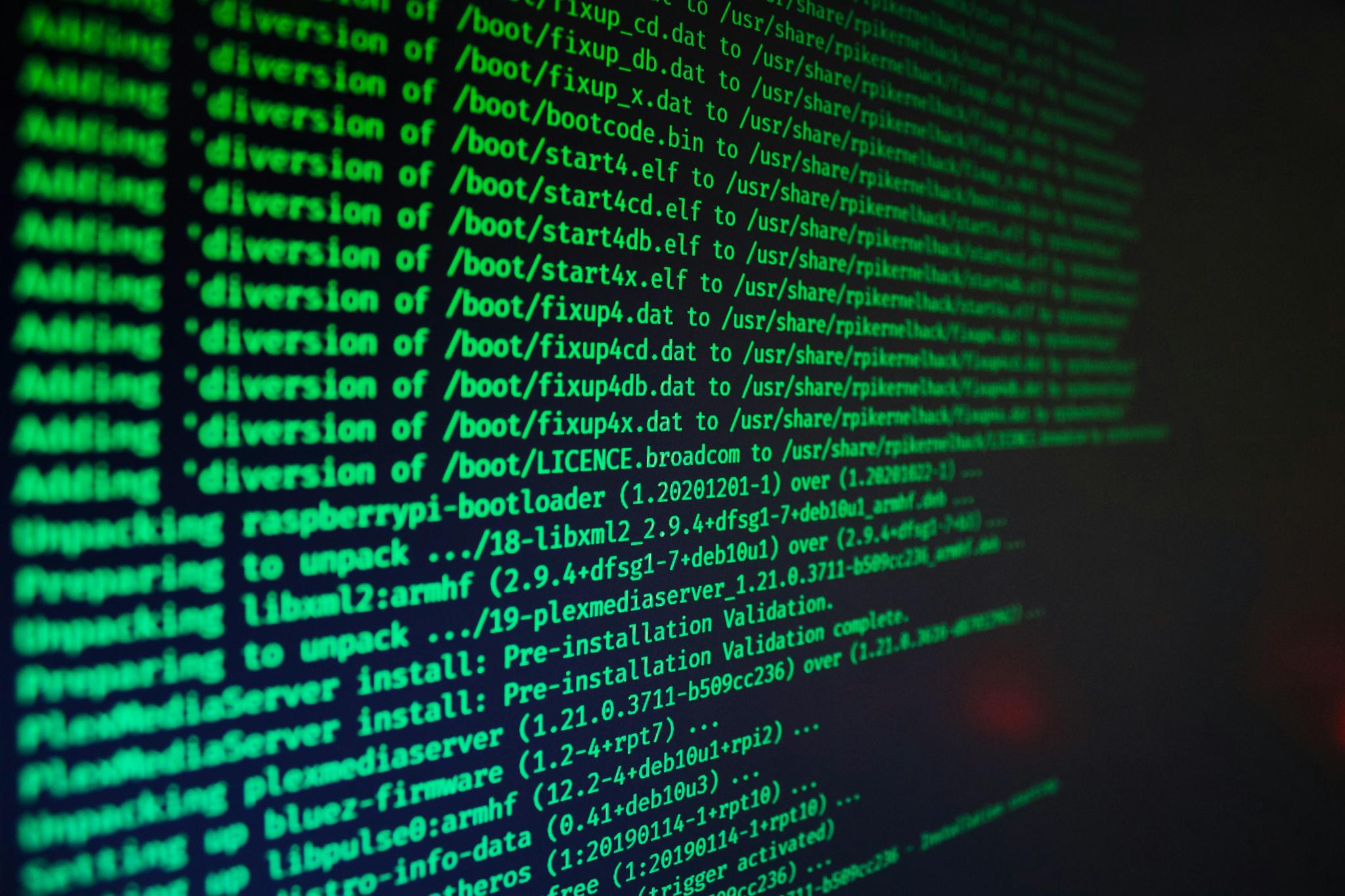 Terminal screen scrolling green Linux package installation and boot file output