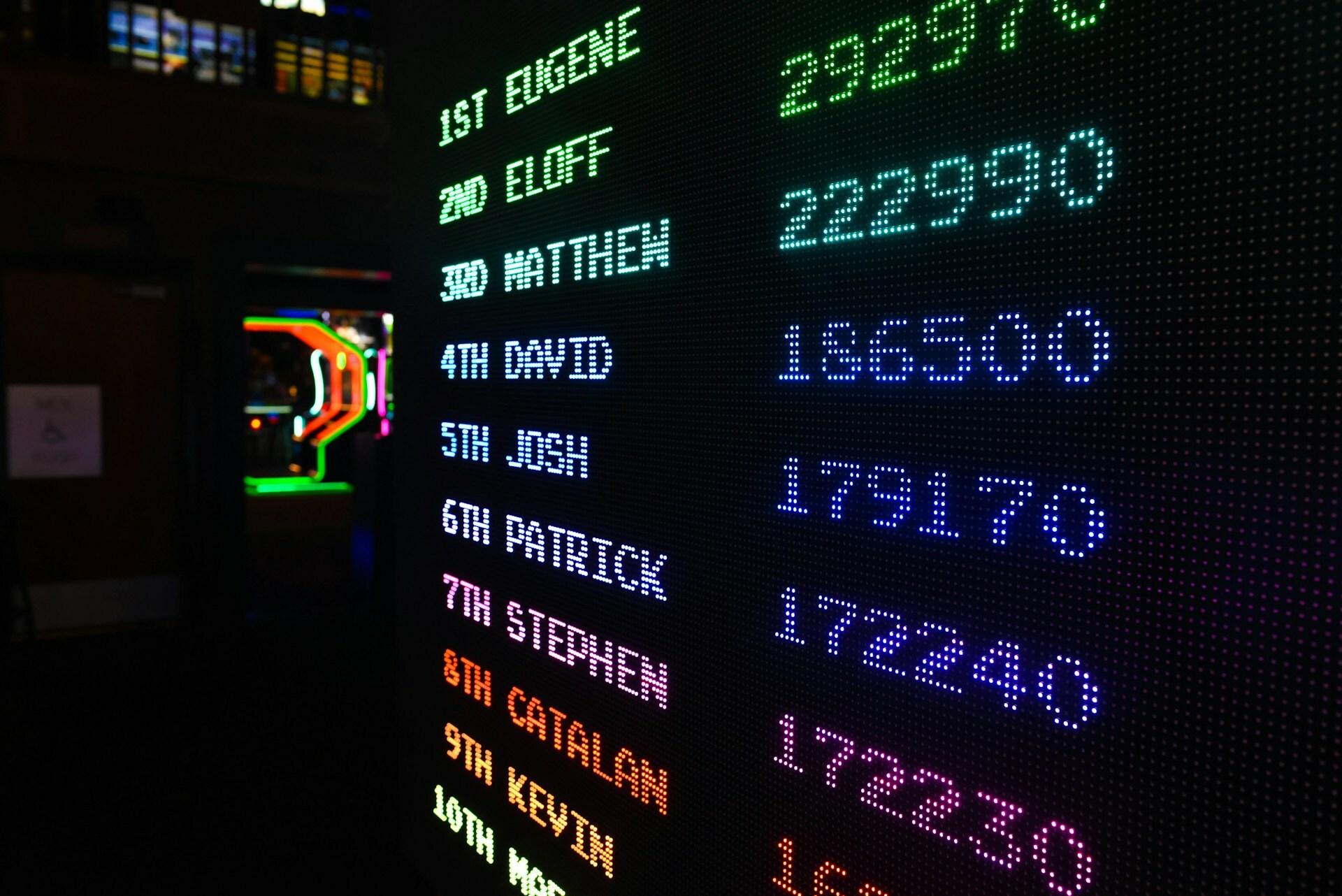 Arcade game leaderboard screen showing player names and scores