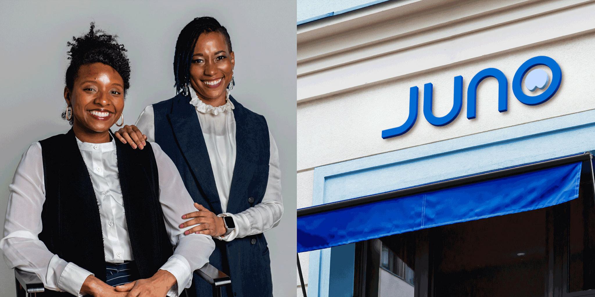 Two people beside a Juno storefront sign with blue awning