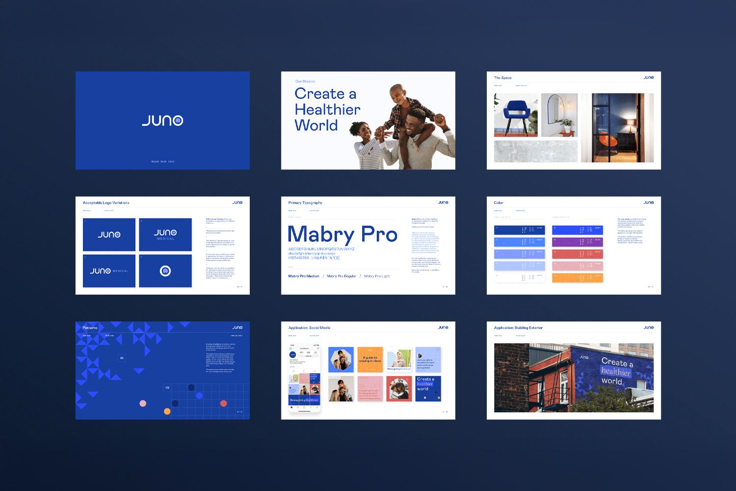 Nine Juno brand guideline boards on a dark blue background