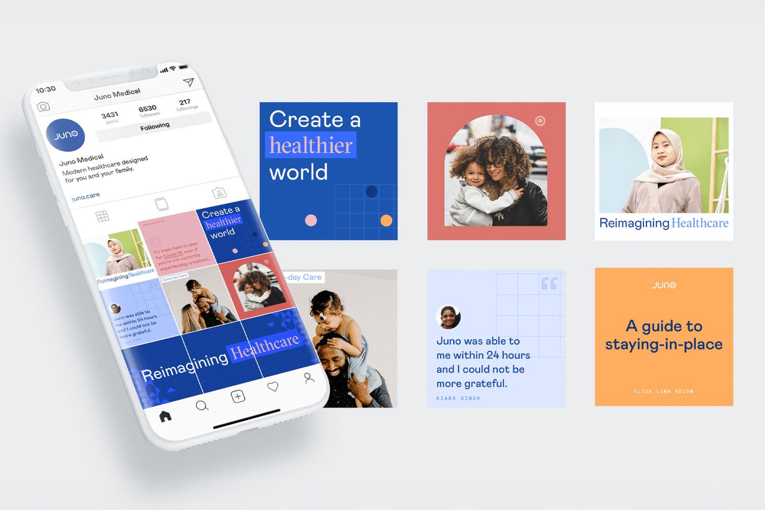 Juno Medical social media mockups with colorful healthcare posts