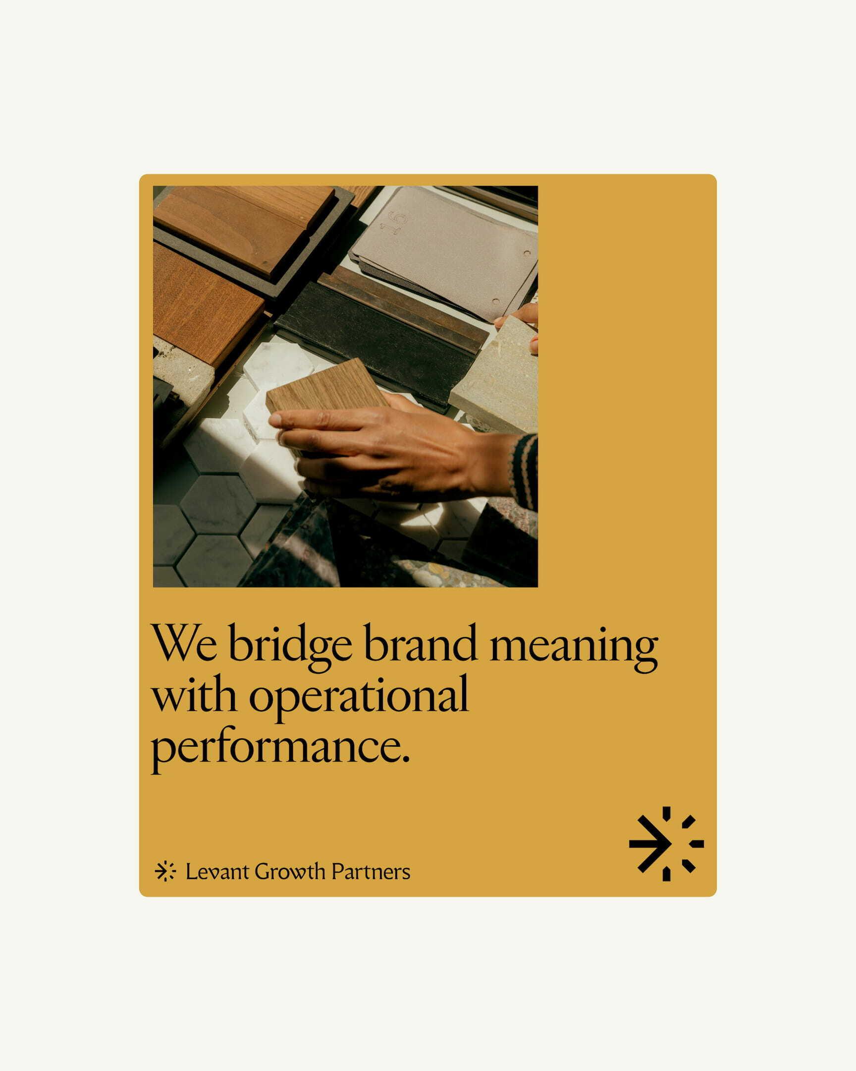 Mustard brand card with tile samples and Levant Growth Partners messaging