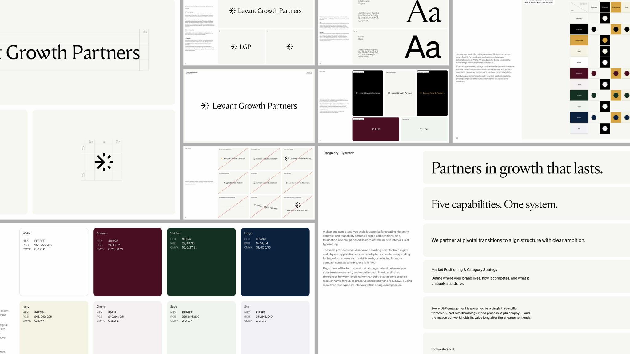 Levant Growth Partners brand guidelines and website layout boards