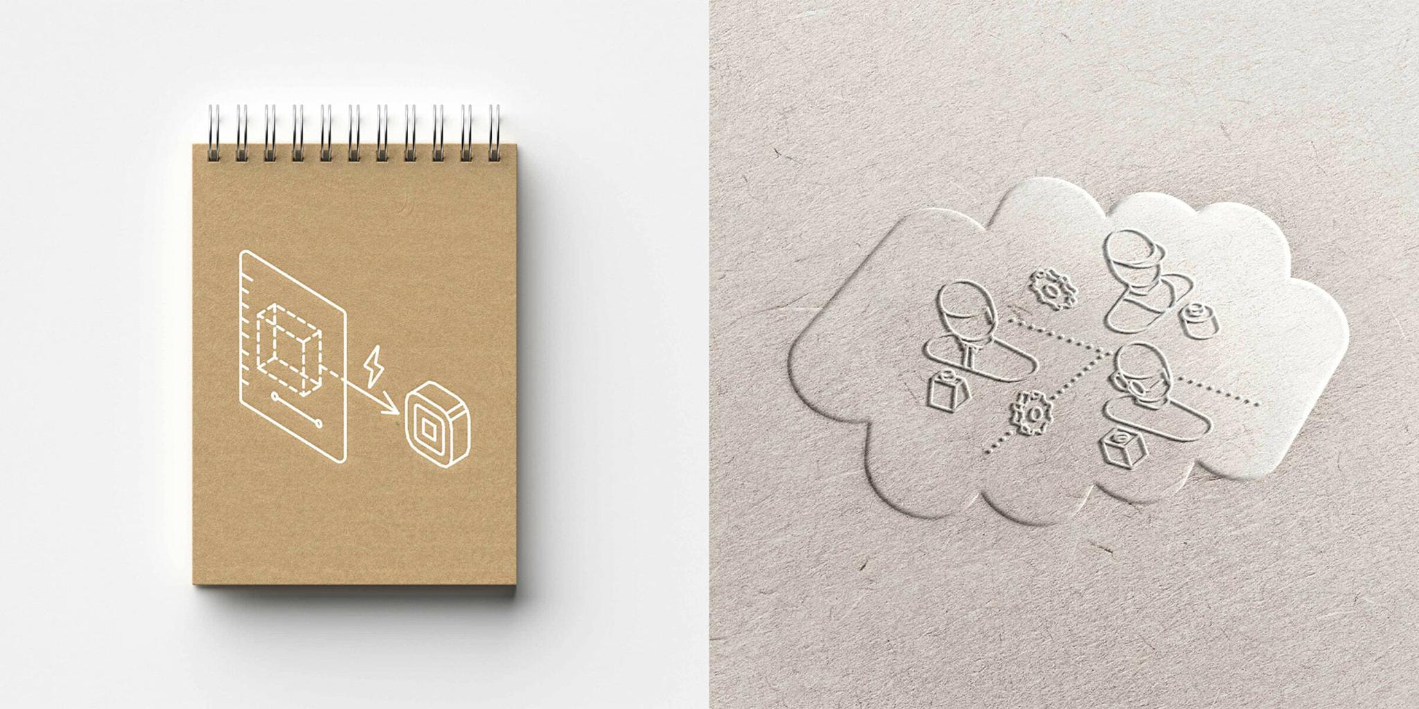 Notebook sketch and embossed cloud collaboration diagram side by side