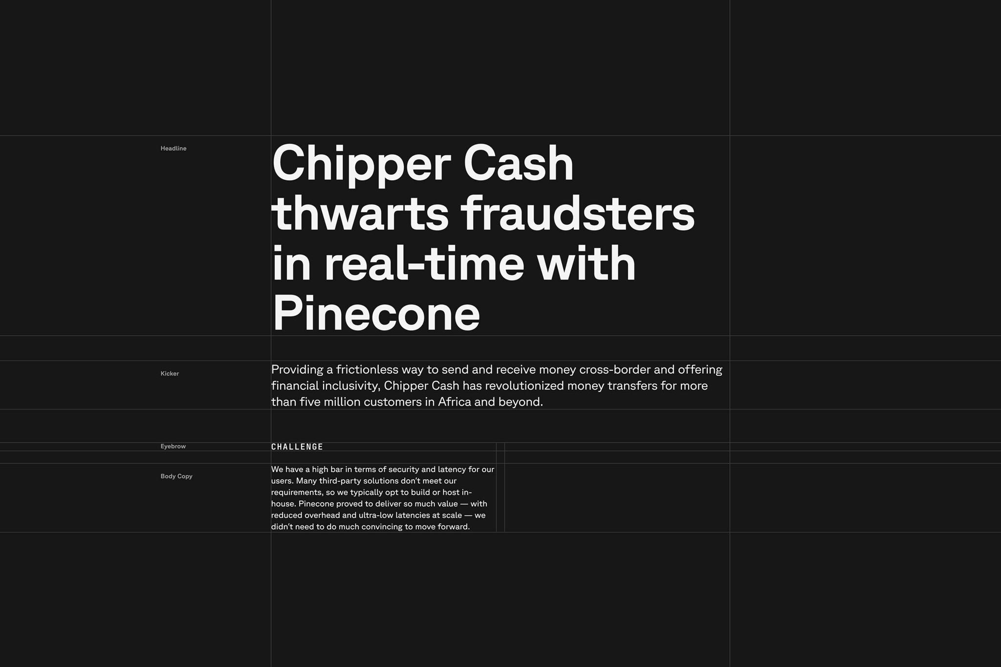 Pinecone case study page with headline about Chipper Cash fraud prevention.