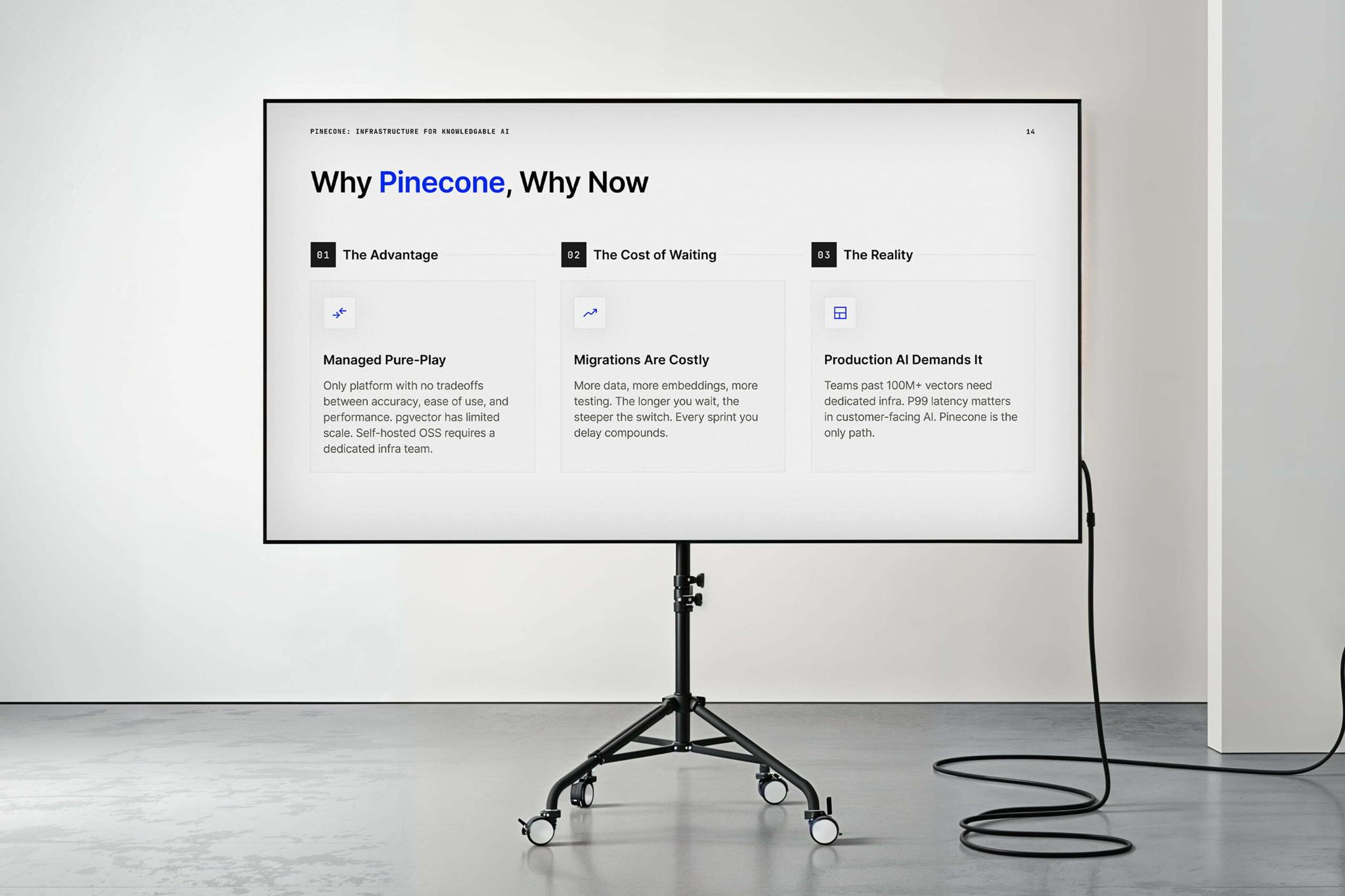 Large screen showing a Pinecone presentation slide in a minimal studio.