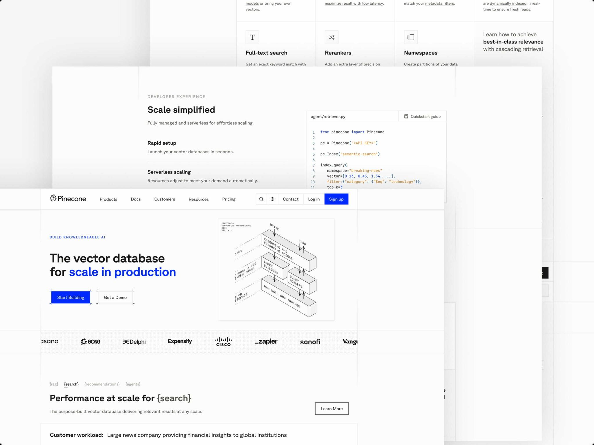 Layered screenshots of the Pinecone website and developer interface.