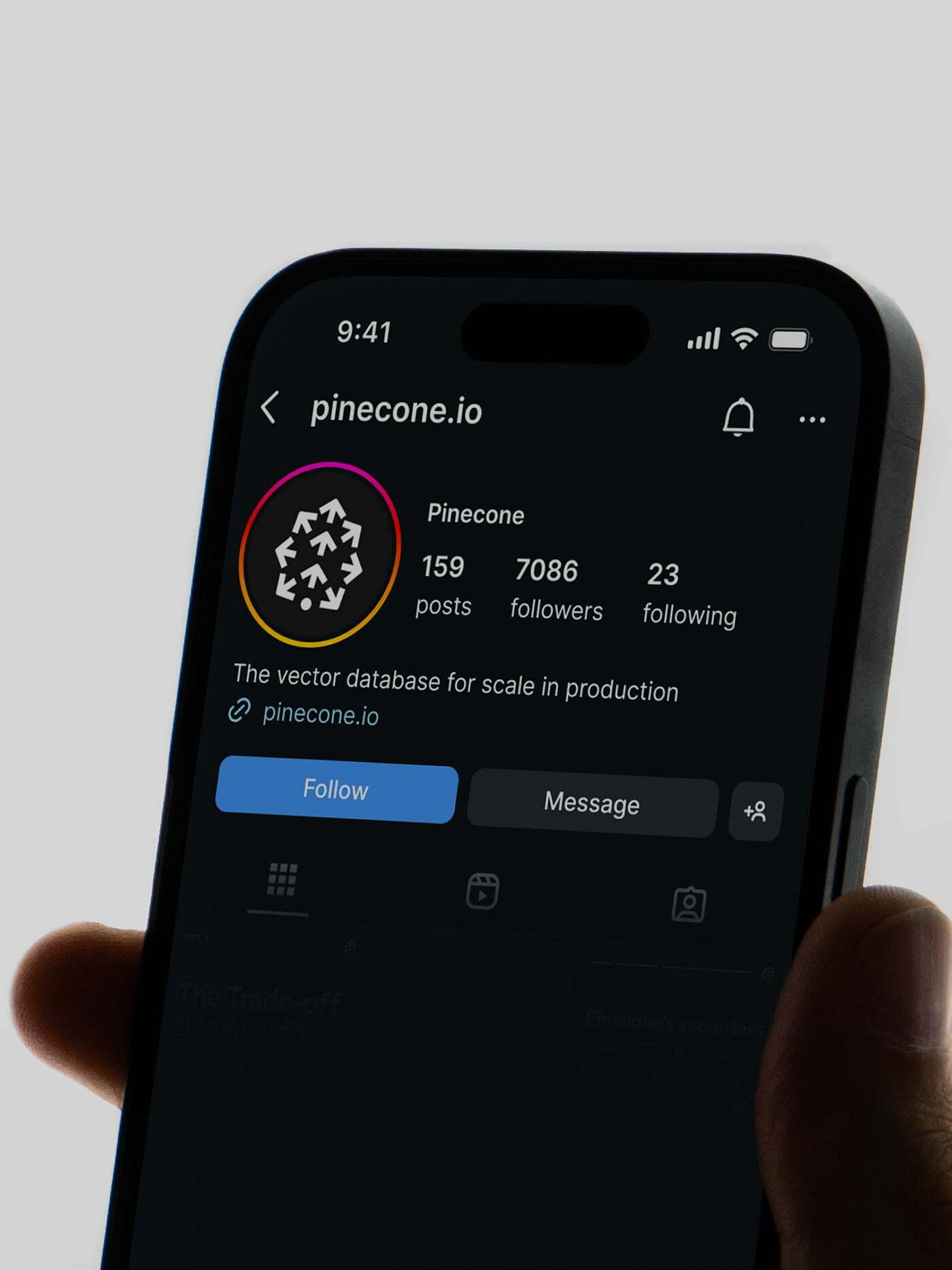 Hand holding a phone showing a dark Pinecone app profile screen