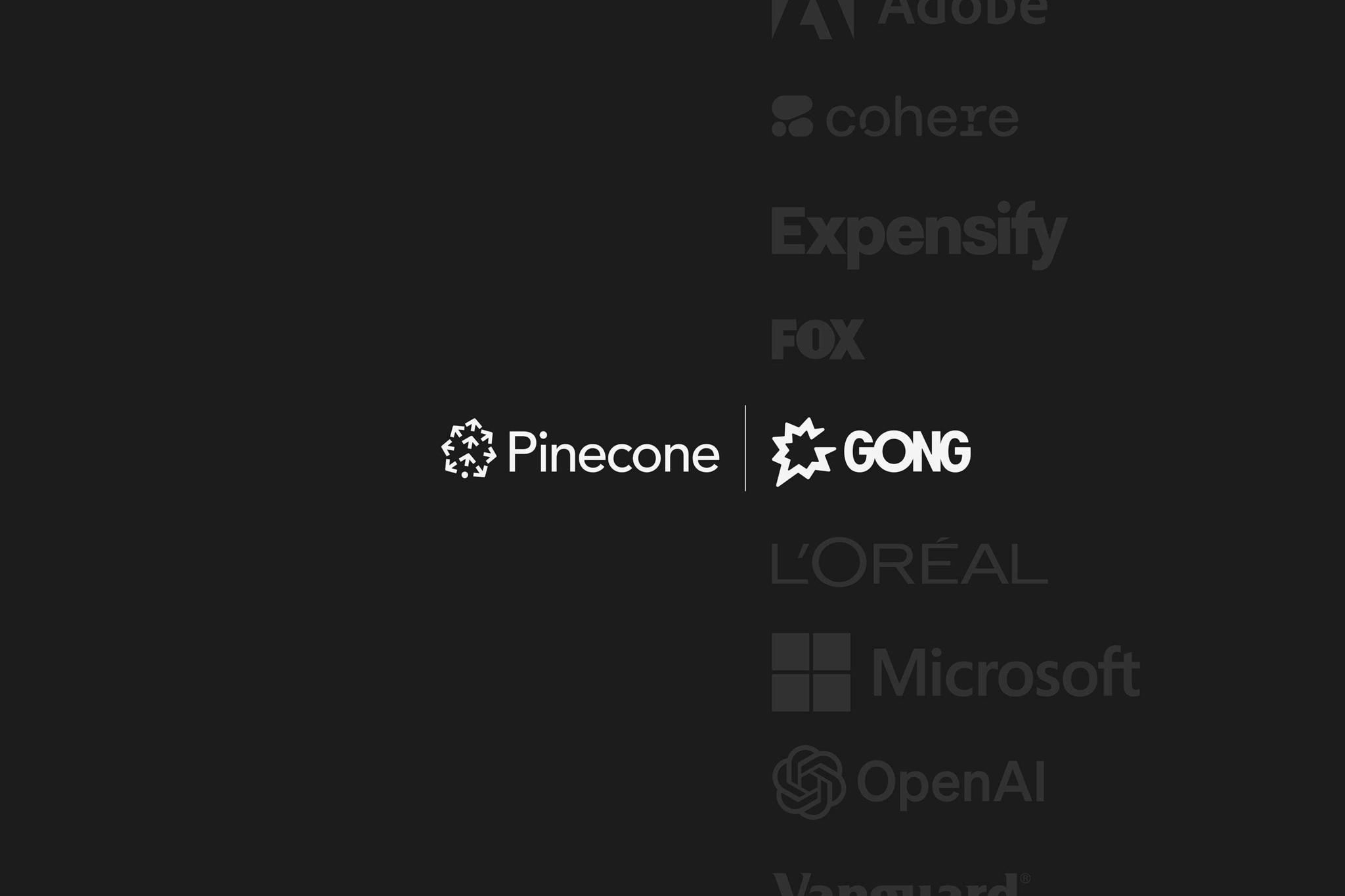 Pinecone and Gong logos on a dark background with customer names