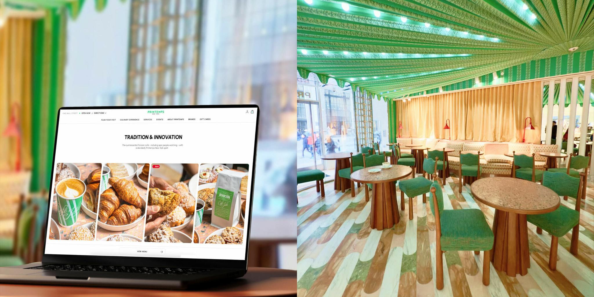 Laptop showing Printemps website beside a green caf seating area