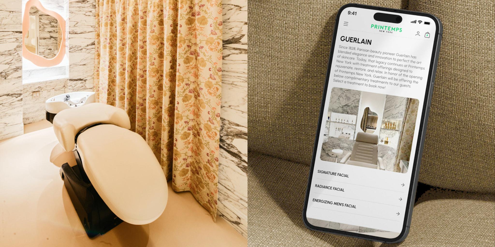 Spa treatment room with reclining chair beside smartphone showing Guerlain page.