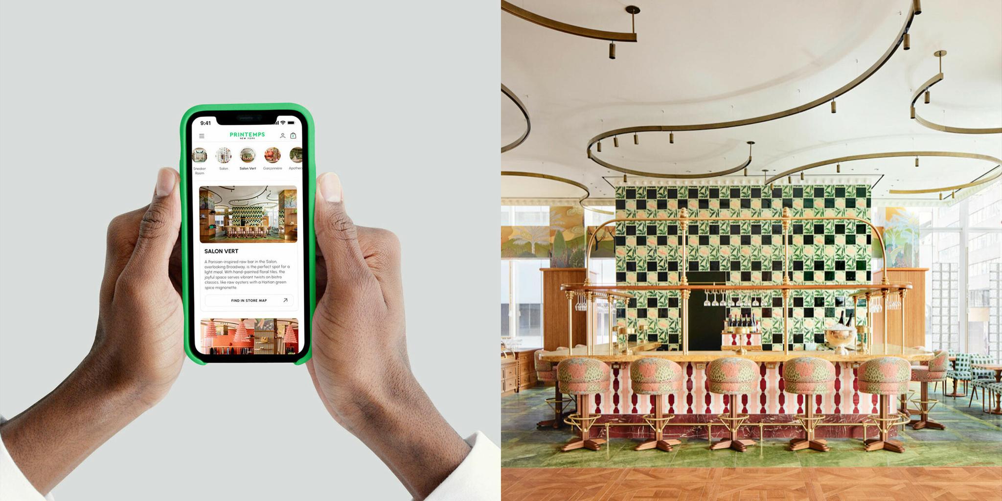 Hands holding a phone with a restaurant app beside a colorful cafe bar interior