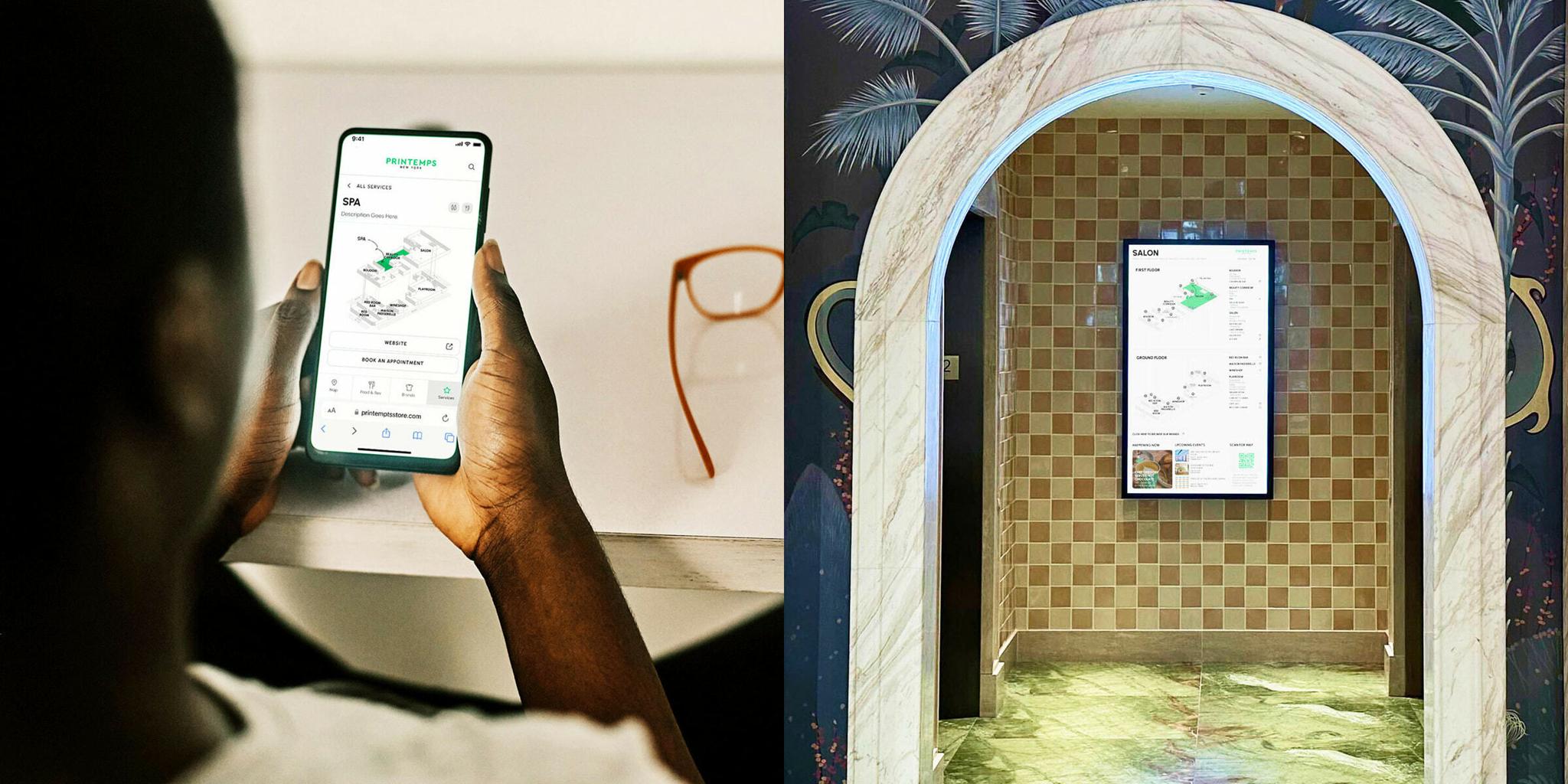 Person viewing a wall-mounted digital display and the same interface on a smartphone