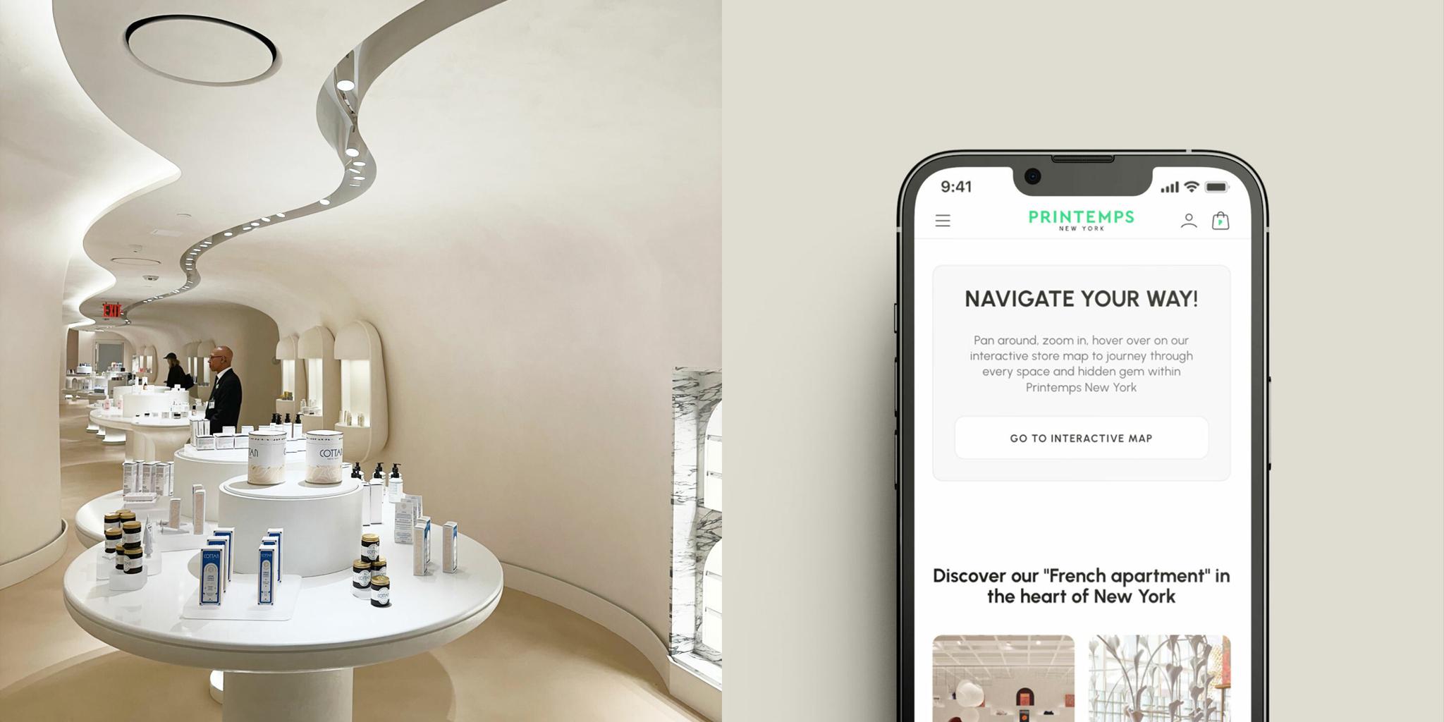 Curved cream skincare showroom with product displays beside a smartphone showing a navigation app